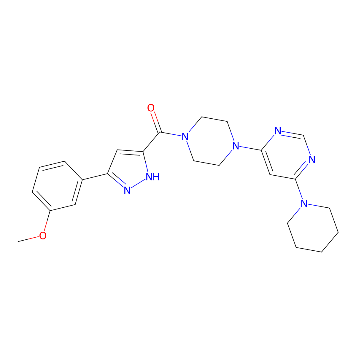 (3-(3-methoxyphenyl)-1H-pyrazol-5-yl)(4-(6-(piperidin-1-yl)pyrimidin-4-yl)piperazin-1-yl)methanone molecular structure, CAS 1238875-70-1