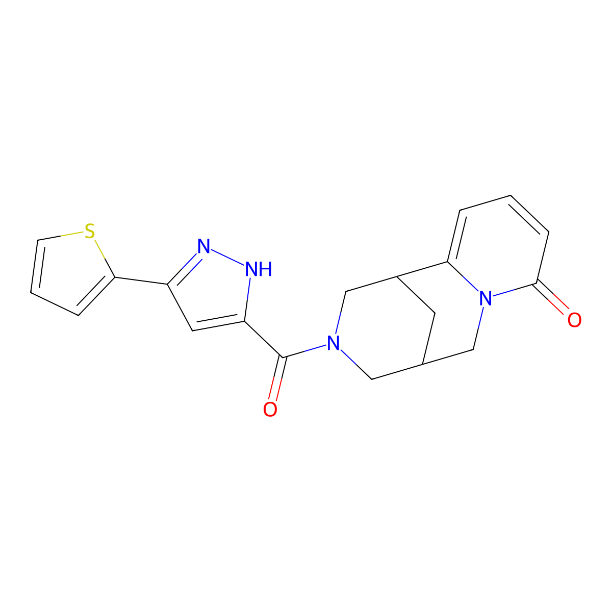 3-(3-(thiophen-2-yl)-1H-pyrazole-5-carbonyl)-3,4,5,6-tetrahydro-1H-1,5-methanopyrido[1,2-a][1,5]diazocin-8(2H)-one molecular structure, CAS 1239045-02-3