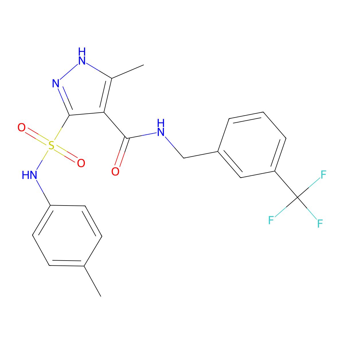 3-methyl-5-[(4-methylphenyl)sulfamoyl]-N-{[3-(trifluoromethyl)phenyl]methyl}-1H-pyrazole-4-carboxamide molecular structure, CAS 1239047-95-0