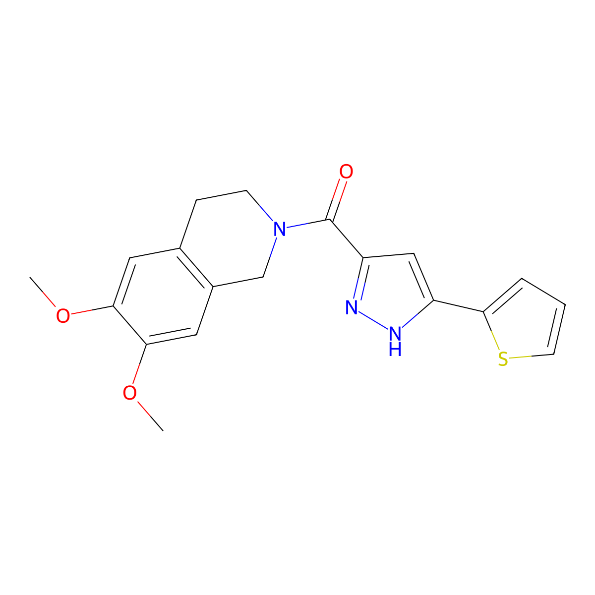 (6,7-dimethoxy-3,4-dihydroisoquinolin-2(1H)-yl)(5-(thiophen-2-yl)-1H-pyrazol-3-yl)methanone molecular structure, CAS 1239060-11-7