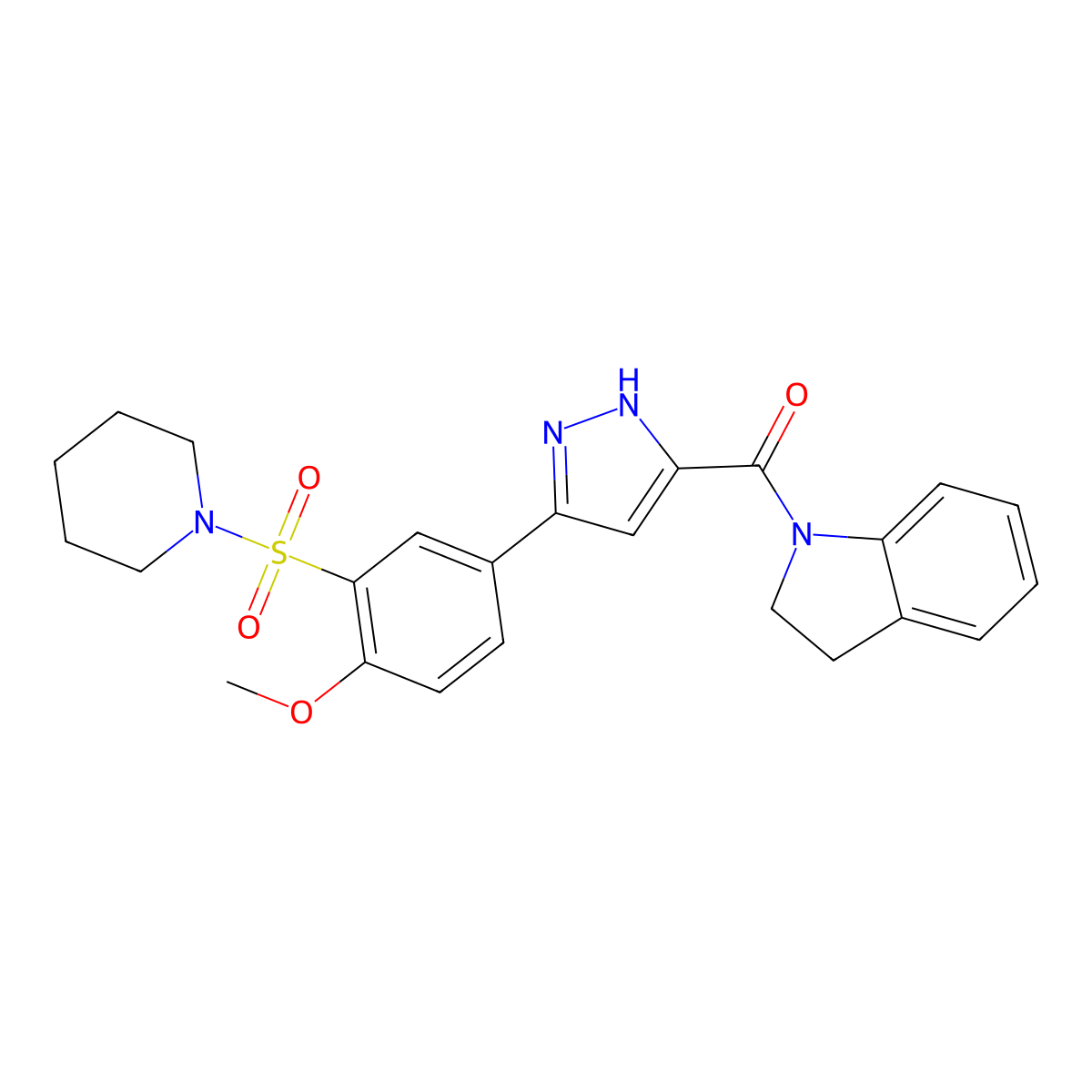 2,3-dihydro-1H-indol-1-yl{5-[4-methoxy-3-(piperidin-1-ylsulfonyl)phenyl]-1H-pyrazol-3-yl}methanone molecular structure, CAS 1239130-65-4