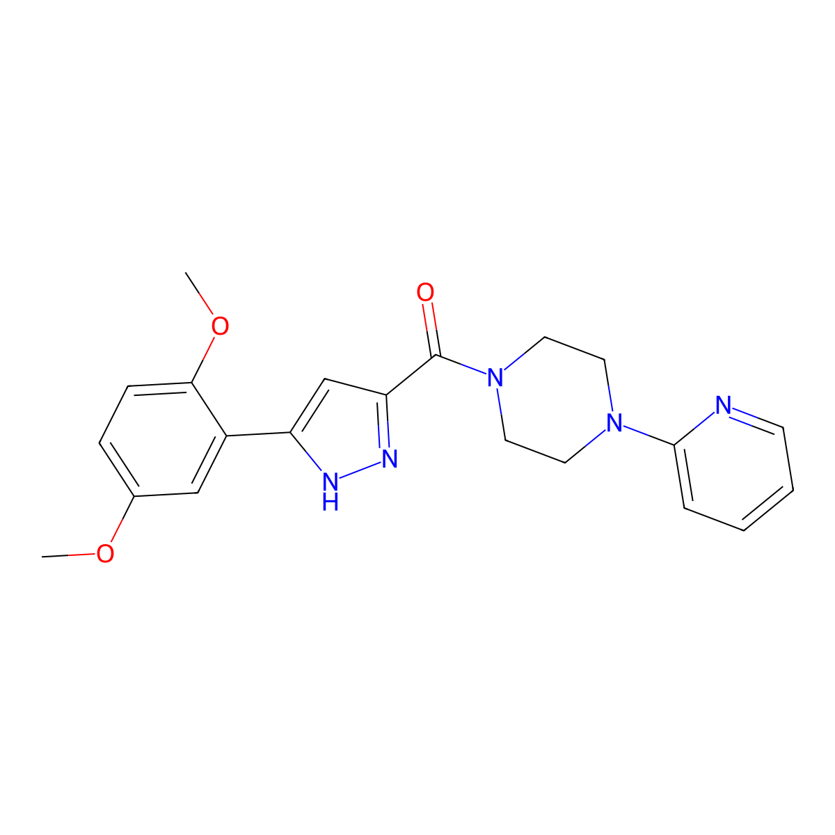 (5-(2,5-dimethoxyphenyl)-1H-pyrazol-3-yl)(4-(pyridin-2-yl)piperazin-1-yl)methanone molecular structure, CAS 1239130-86-9