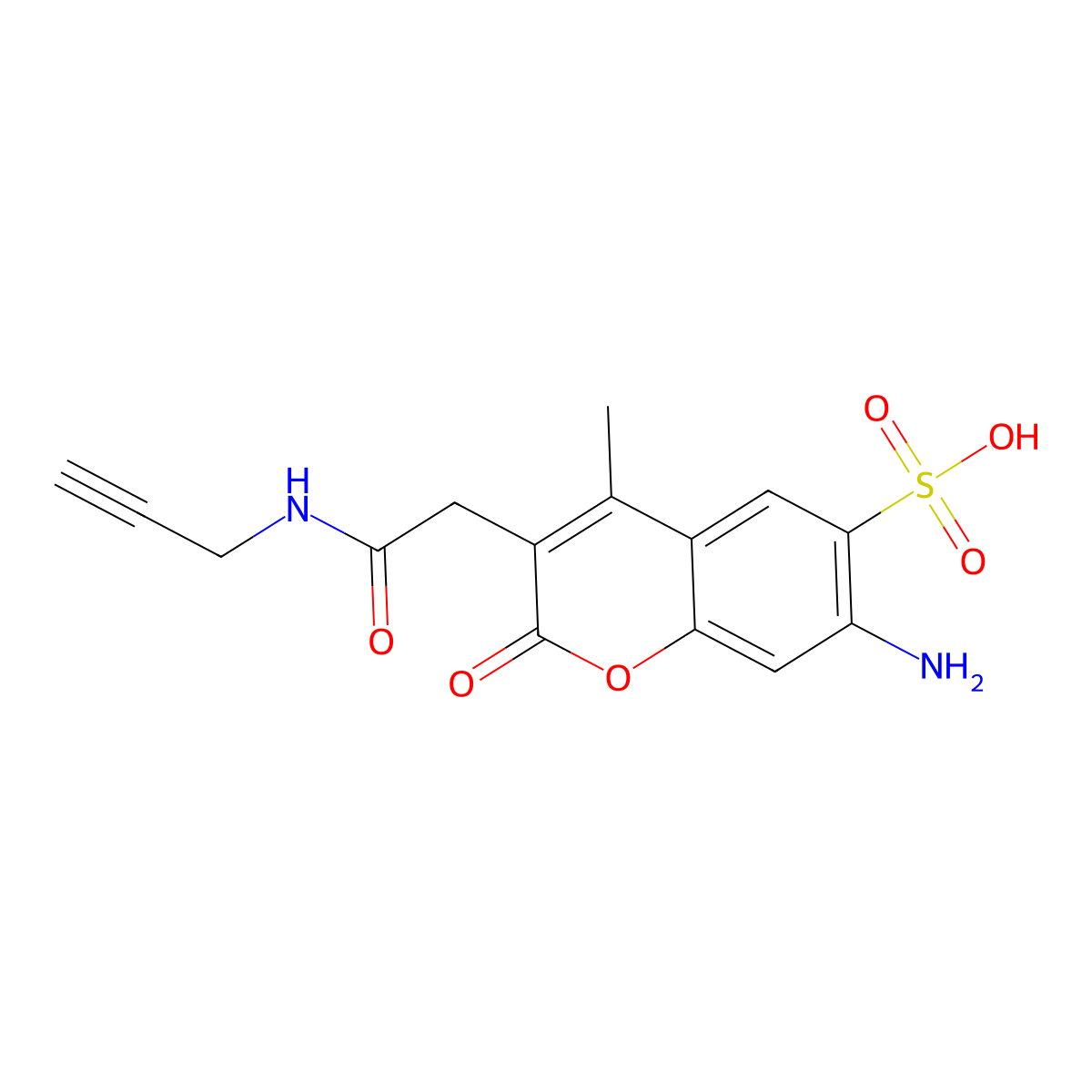 7-Amino-4-methyl-2-oxo-3-(2-oxo-2-(prop-2-YN-1-ylamino)ethyl)-2H-chromene-6-sulfonic acid molecular structure, CAS 1239204-75-1