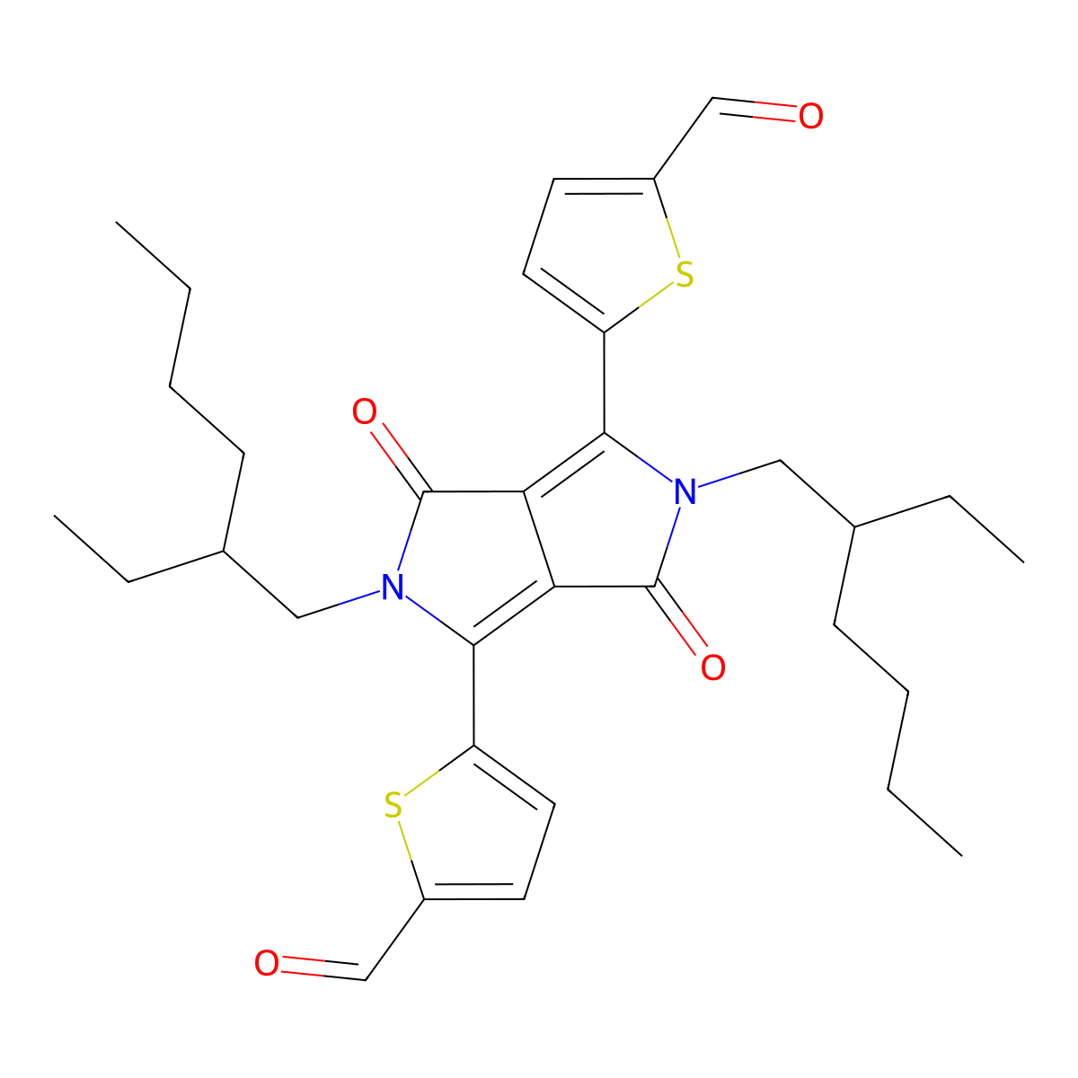 5,5'-(2,5-Bis(2-ethylhexyl)-3,6-dioxo-2,3,5,6-tetrahydropyrrolo[3,4-c]pyrrole-1,4-diyl)bis(thiophene-2-carbaldehyde) molecular structure, CAS 1239218-96-2