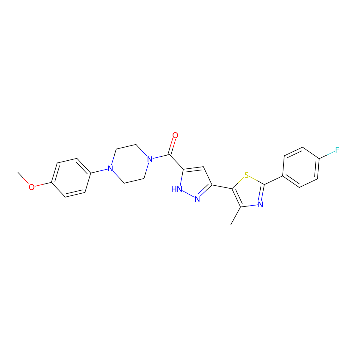 (3-(2-(4-fluorophenyl)-4-methylthiazol-5-yl)-1H-pyrazol-5-yl)(4-(4-methoxyphenyl)piperazin-1-yl)methanone molecular structure, CAS 1239231-16-3