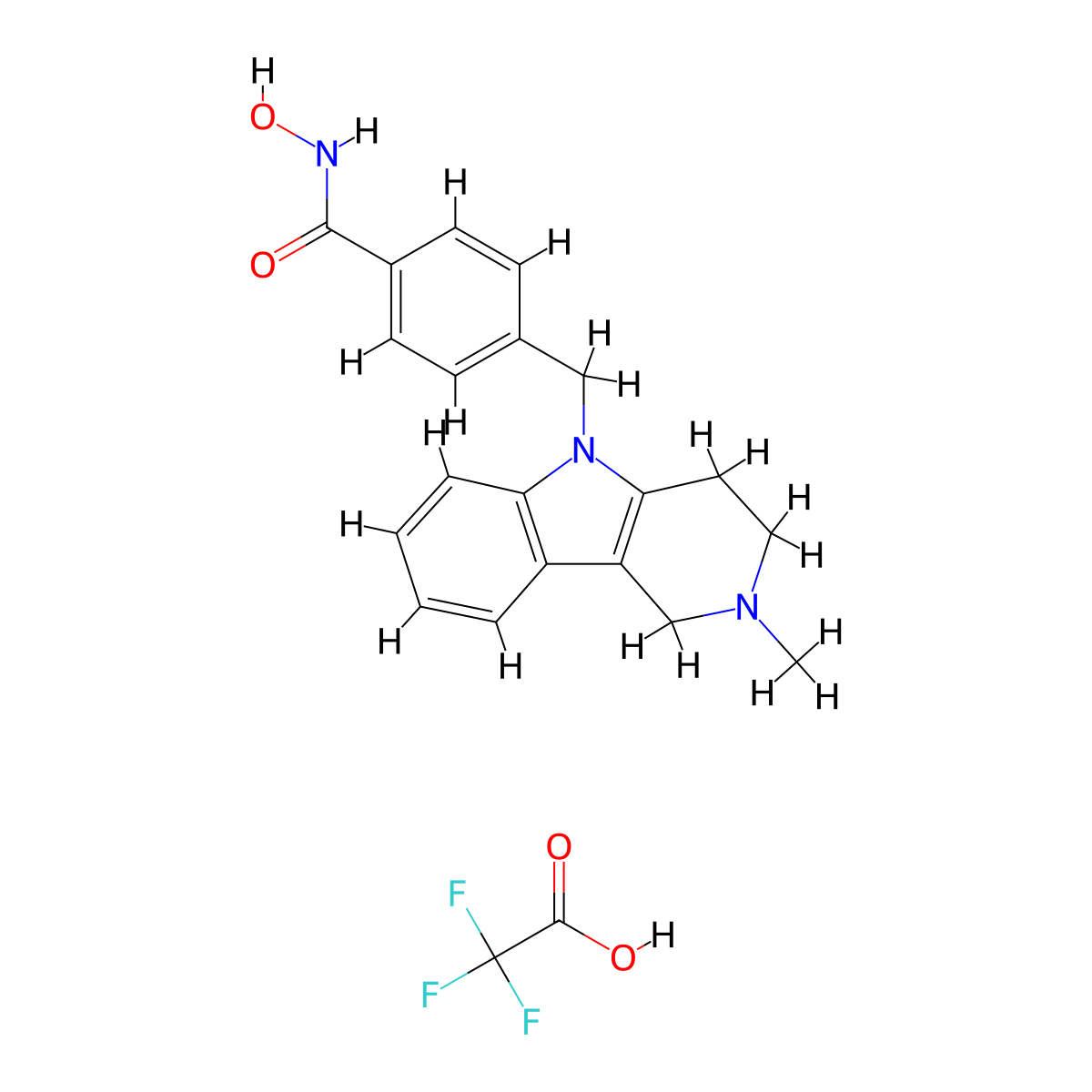 N-Hydroxy-4-((2-methyl-3,4-dihydro-1H-pyrido[4,3-b]indol-5(2H)-yl)methyl)benzamide 2,2,2-trifluoroacetate molecular structure, CAS 1239262-52-2