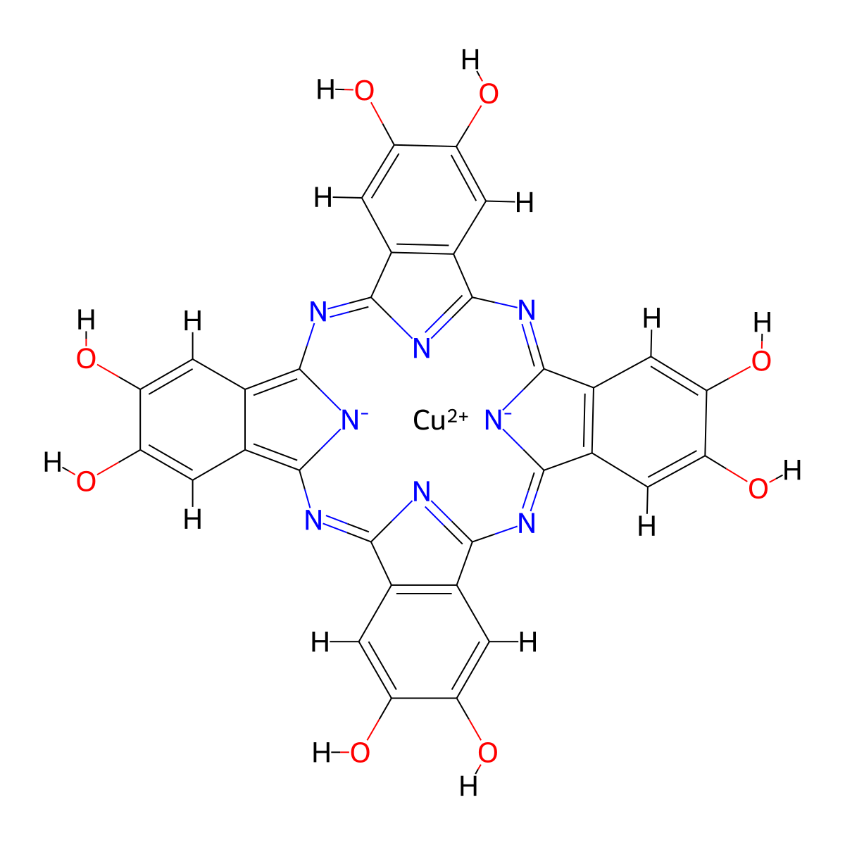 Copper 2,11,20,29,37,39-hexaza-38,40-diazanidanonacyclo[28.6.1.13,10.112,19.121,28.04,9.013,18.022,27.031,36]tetraconta-1,3,5,7,9,11,13,15,17,19(39),20,22,24,26,28,30(37),31,33,35-nonadecaene-6,7,15,16,24,25,33,34-octol molecular structure, CAS 123934-46-3