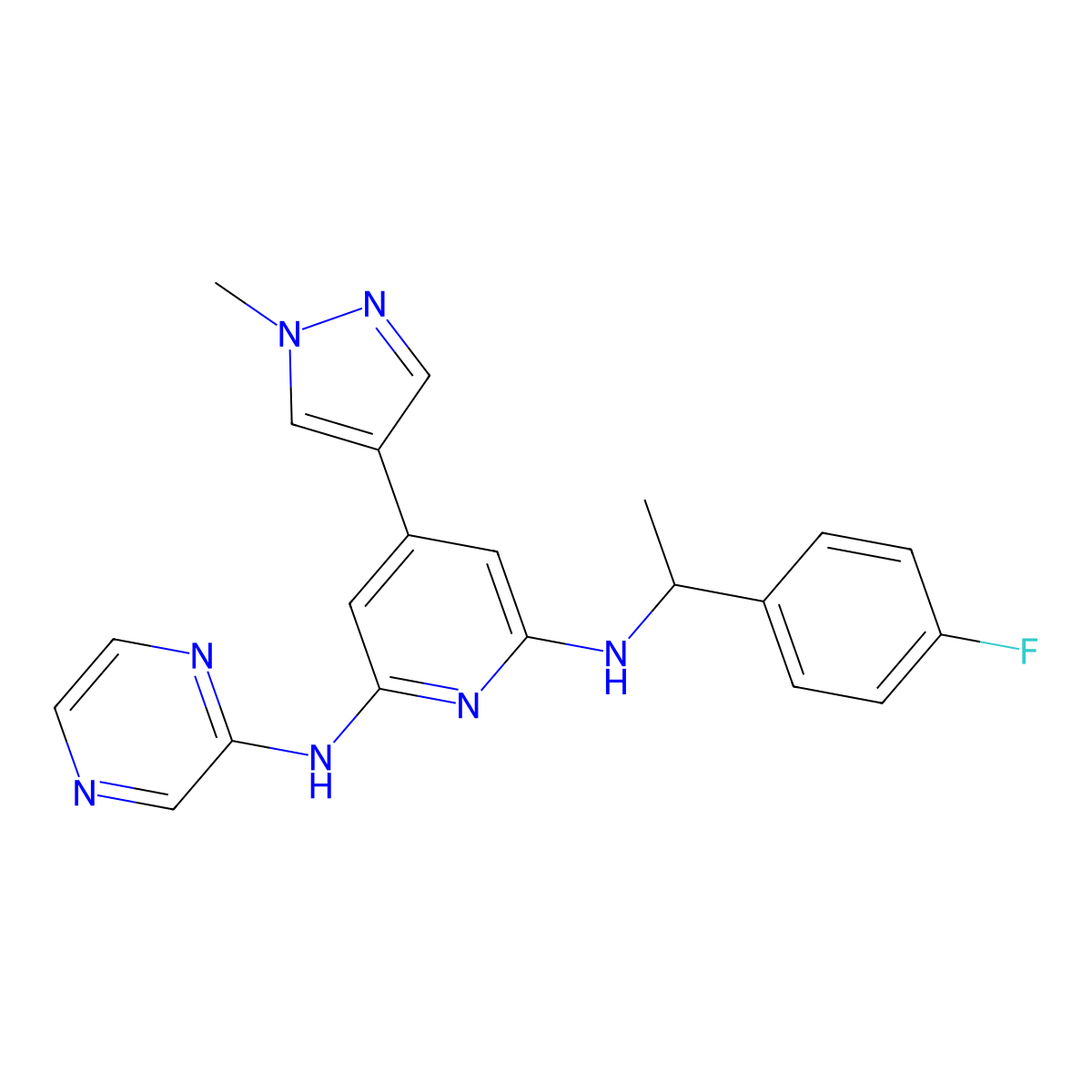 N2-((1S)-1-(4-Fluorophenyl)ethyl)-4-(1-methyl-1H-pyrazol-4-yl)-N6-2-pyrazinyl-2,6-pyridinediamine molecular structure, CAS 1239358-86-1