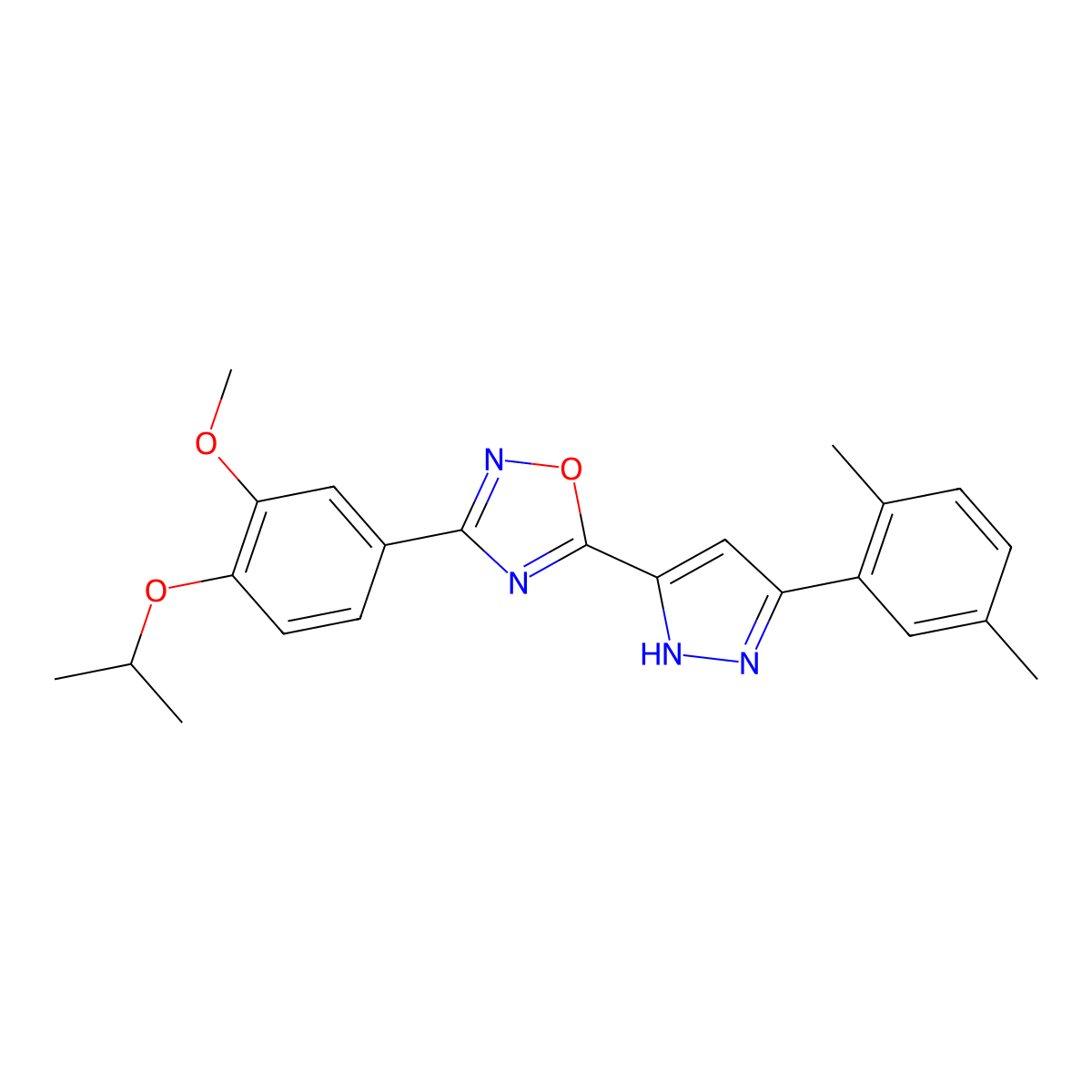 5-[3-(2,5-dimethylphenyl)-1H-pyrazol-5-yl]-3-[3-methoxy-4-(propan-2-yloxy)phenyl]-1,2,4-oxadiazole molecular structure, CAS 1239459-23-4