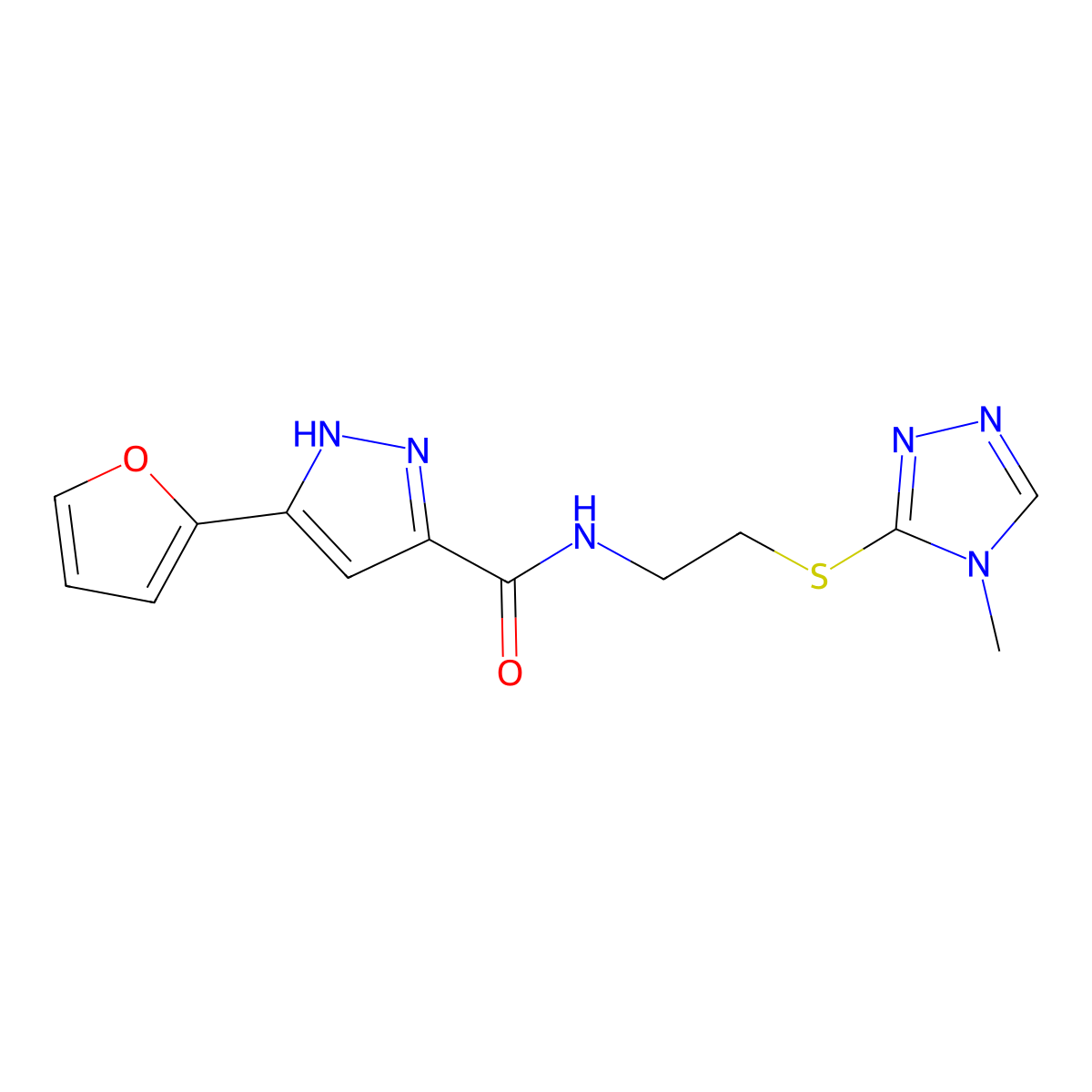 5-(furan-2-yl)-N-(2-((4-methyl-4H-1,2,4-triazol-3-yl)thio)ethyl)-1H-pyrazole-3-carboxamide molecular structure, CAS 1239460-38-8
