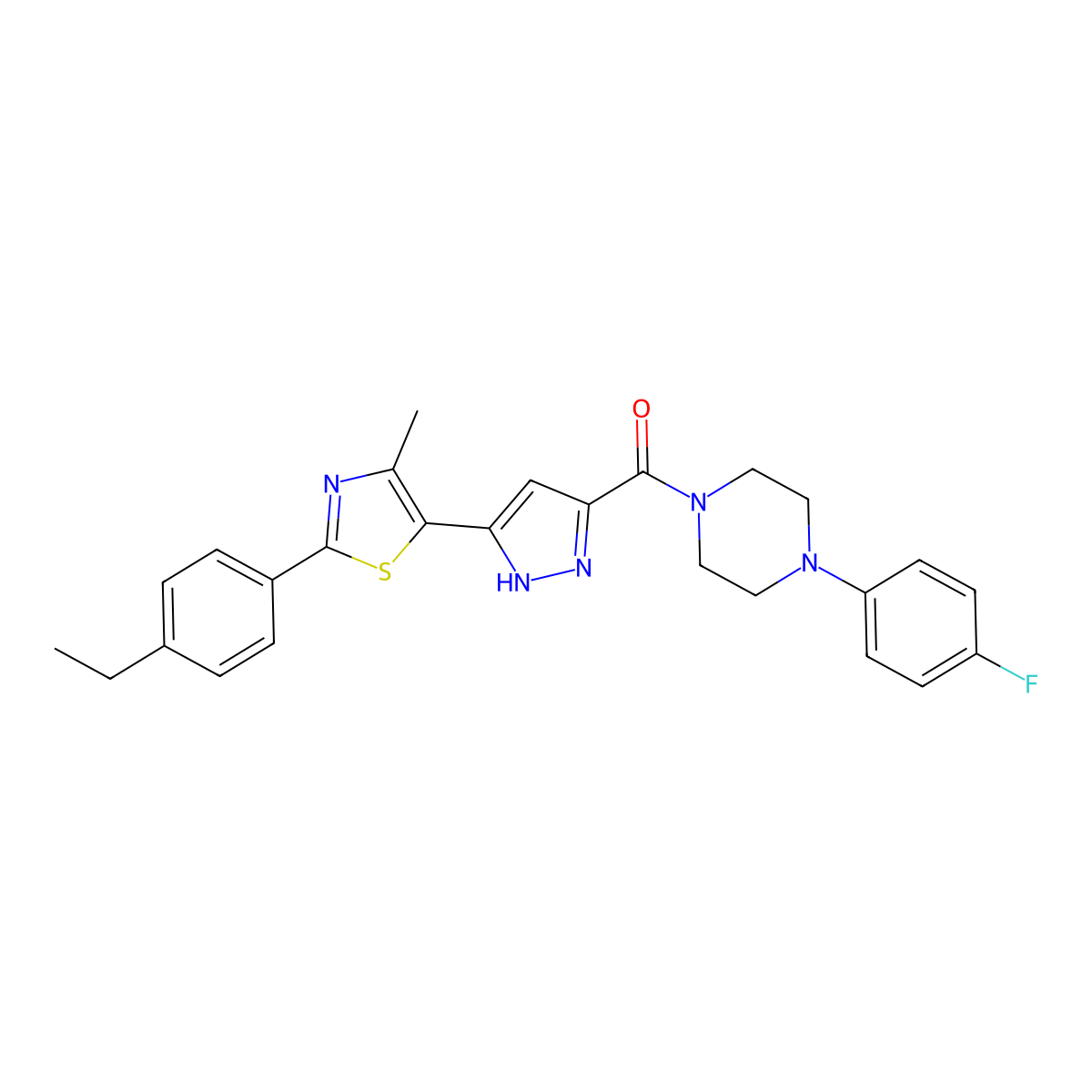 (3-(2-(4-ethylphenyl)-4-methylthiazol-5-yl)-1H-pyrazol-5-yl)(4-(4-fluorophenyl)piperazin-1-yl)methanone molecular structure, CAS 1239469-43-2