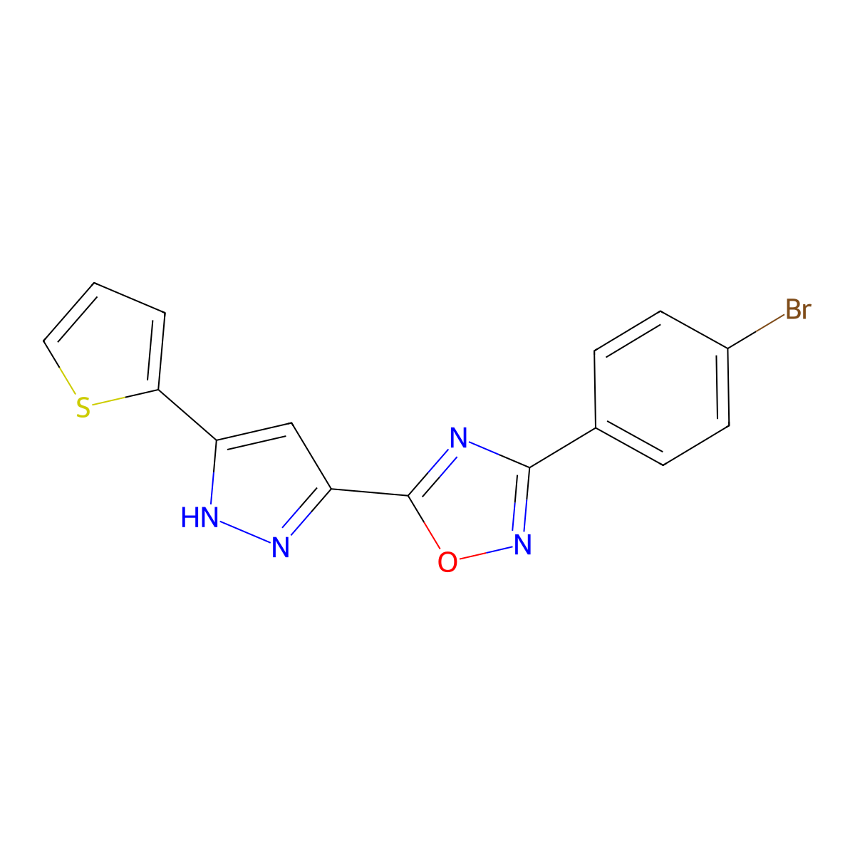 3-(4-bromophenyl)-5-[3-(thiophen-2-yl)-1H-pyrazol-5-yl]-1,2,4-oxadiazole molecular structure, CAS 1239471-78-3
