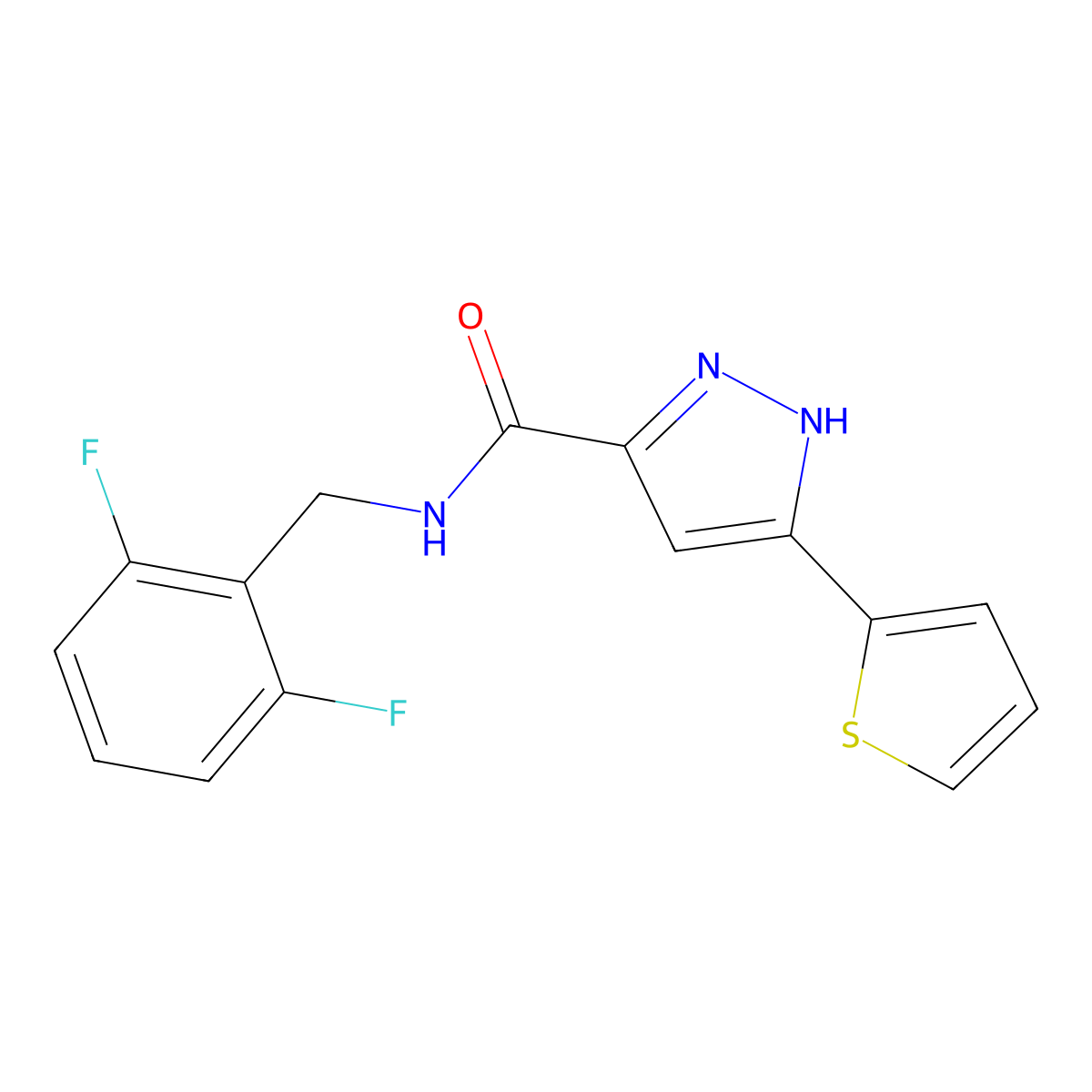 N-(2,6-difluorobenzyl)-5-(thiophen-2-yl)-1H-pyrazole-3-carboxamide molecular structure, CAS 1239473-47-2