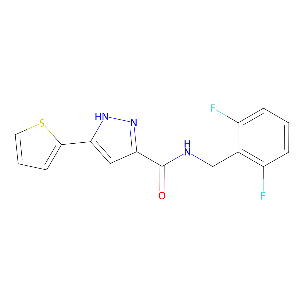 N-(2,6-difluorobenzyl)-5-(thiophen-2-yl)-1H-pyrazole-3-carboxamide molecular structure, CAS 1239473-47-2