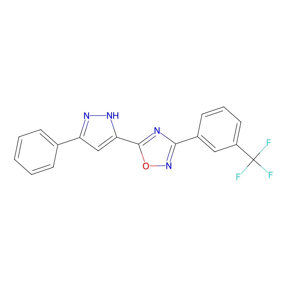 5-(3-phenyl-1H-pyrazol-5-yl)-3-[3-(trifluoromethyl)phenyl]-1,2,4-oxadiazole molecular structure, CAS 1239483-83-0