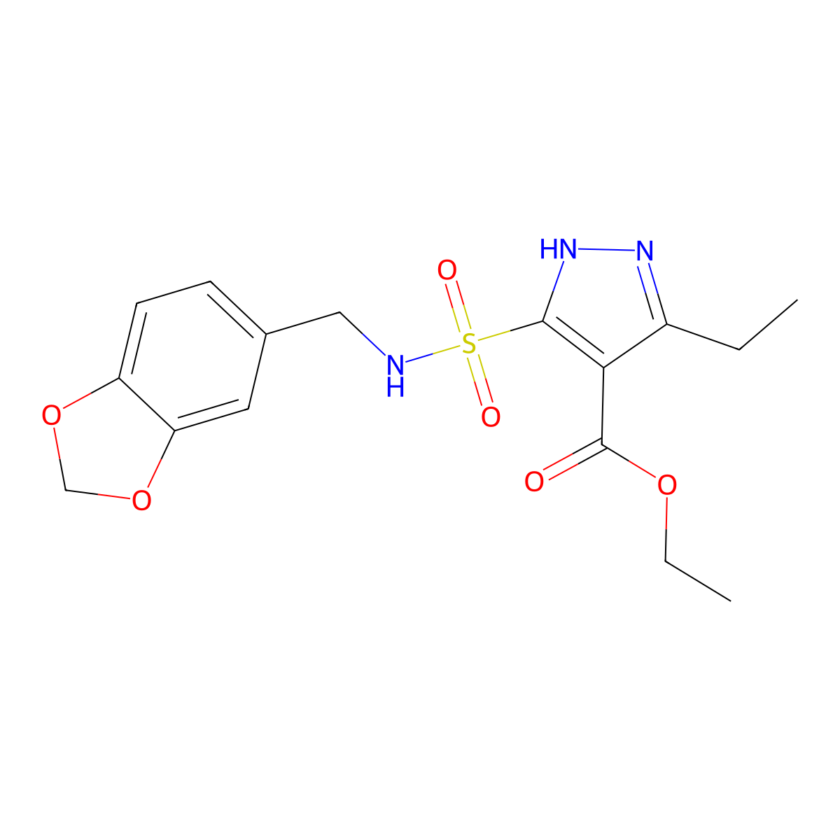 ethyl 5-{[(2H-1,3-benzodioxol-5-yl)methyl]sulfamoyl}-3-ethyl-1H-pyrazole-4-carboxylate molecular structure, CAS 1239484-53-7