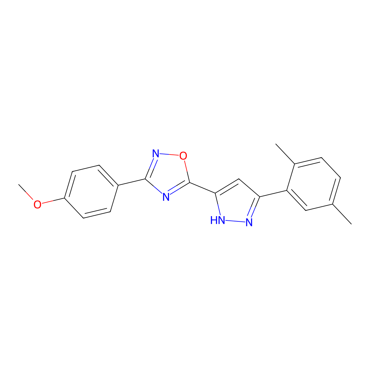 5-[3-(2,5-dimethylphenyl)-1H-pyrazol-5-yl]-3-(4-methoxyphenyl)-1,2,4-oxadiazole molecular structure, CAS 1239498-66-8