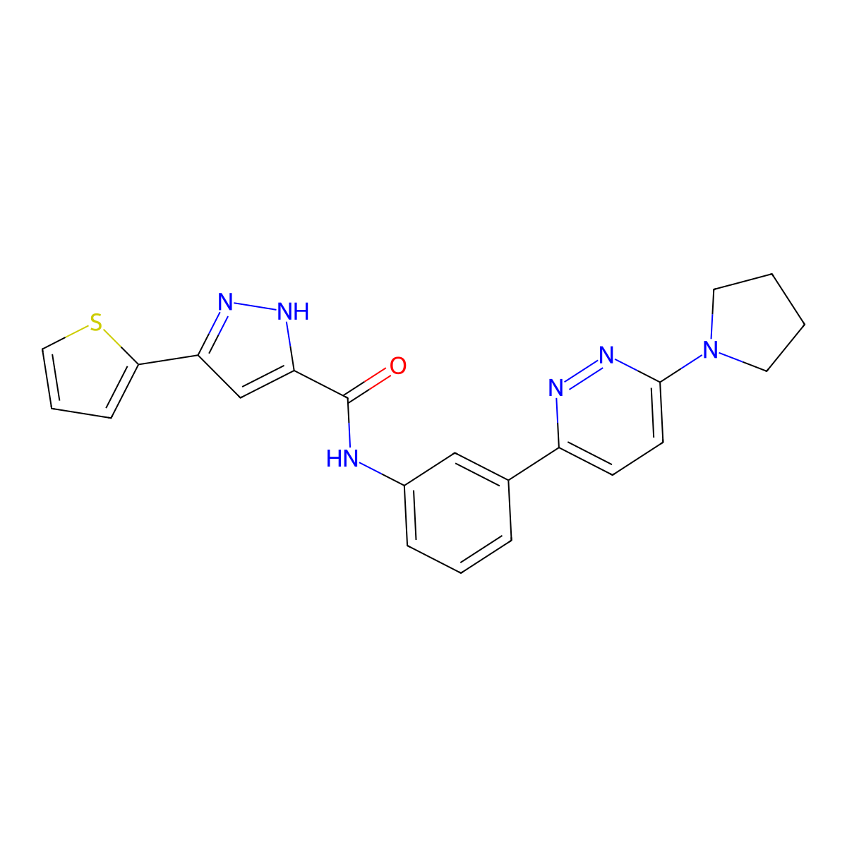 N-(3-(6-(pyrrolidin-1-yl)pyridazin-3-yl)phenyl)-3-(thiophen-2-yl)-1H-pyrazole-5-carboxamide molecular structure, CAS 1239508-18-9