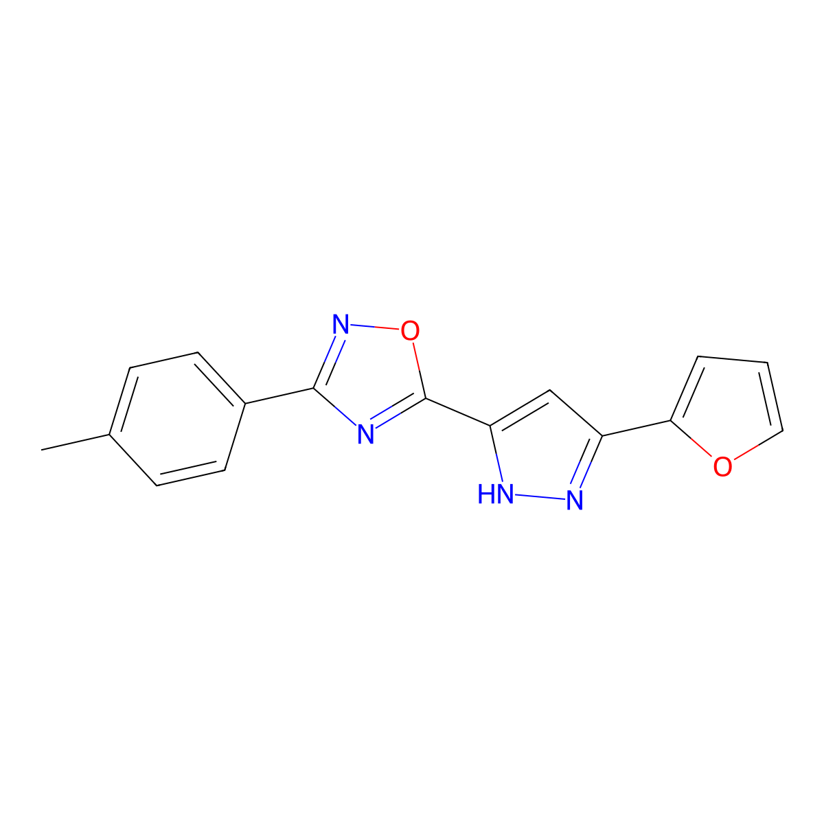 5-(3-(furan-2-yl)-1H-pyrazol-5-yl)-3-(p-tolyl)-1,2,4-oxadiazole molecular structure, CAS 1239508-72-5