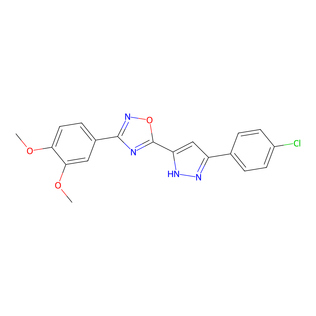 5-[3-(4-chlorophenyl)-1H-pyrazol-5-yl]-3-(3,4-dimethoxyphenyl)-1,2,4-oxadiazole molecular structure, CAS 1239511-15-9