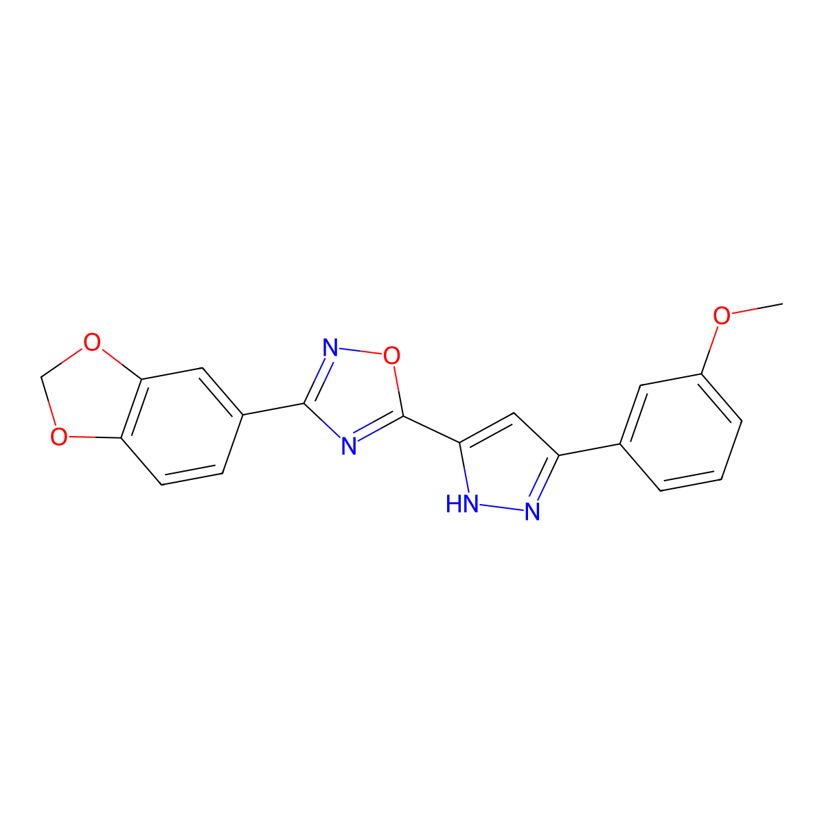 3-(2H-1,3-benzodioxol-5-yl)-5-[3-(3-methoxyphenyl)-1H-pyrazol-5-yl]-1,2,4-oxadiazole molecular structure, CAS 1239511-60-4
