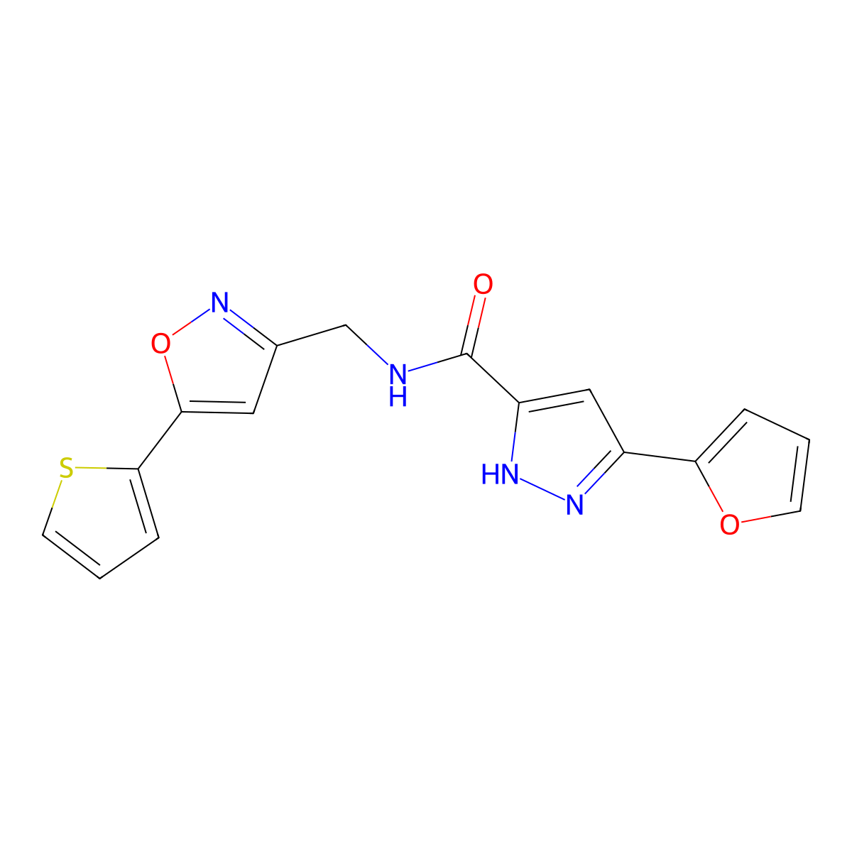 3-(furan-2-yl)-N-((5-(thiophen-2-yl)isoxazol-3-yl)methyl)-1H-pyrazole-5-carboxamide molecular structure, CAS 1239511-92-2
