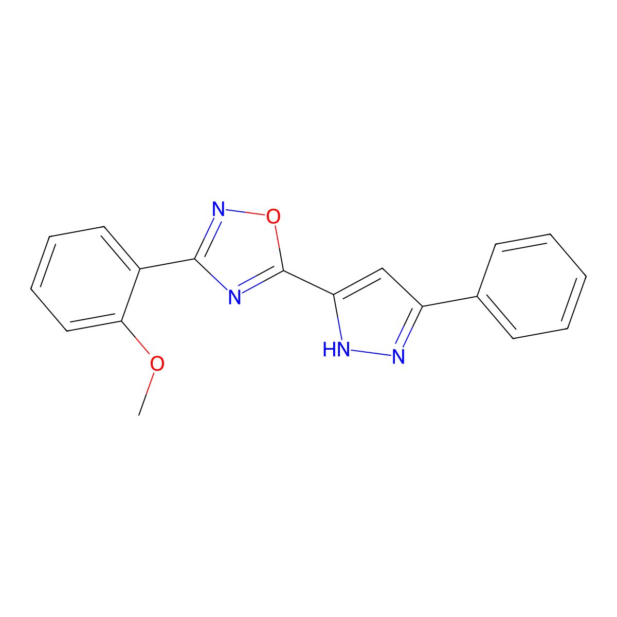 3-(2-methoxyphenyl)-5-(3-phenyl-1H-pyrazol-5-yl)-1,2,4-oxadiazole molecular structure, CAS 1239513-94-0