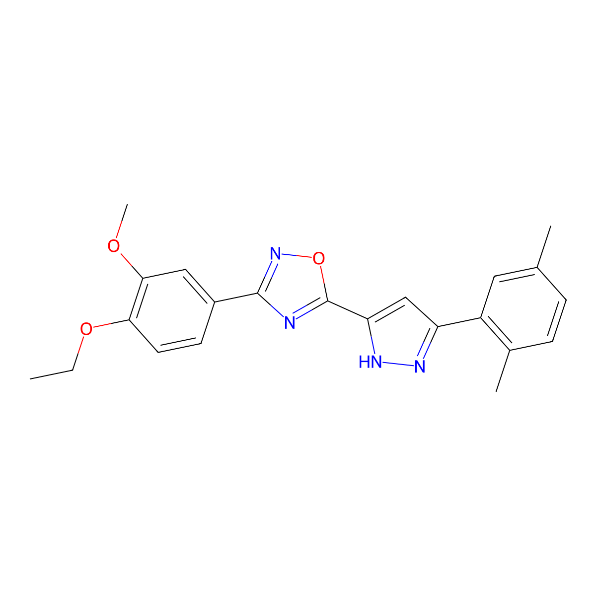 5-[3-(2,5-dimethylphenyl)-1H-pyrazol-5-yl]-3-(4-ethoxy-3-methoxyphenyl)-1,2,4-oxadiazole molecular structure, CAS 1239514-05-6