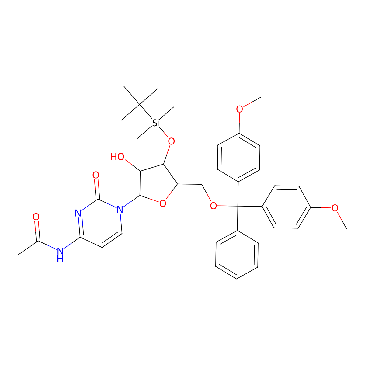 N-(1-((2R,3R,4S,5R)-5-((Bis(4-methoxyphenyl)(phenyl)methoxy)methyl)-4-((tert-butyldimethylsilyl)oxy)-3-hydroxytetrahydrofuran-2-yl)-2-oxo-1,2-dihydropyrimidin-4-yl)acetamide molecular structure, CAS 123956-65-0
