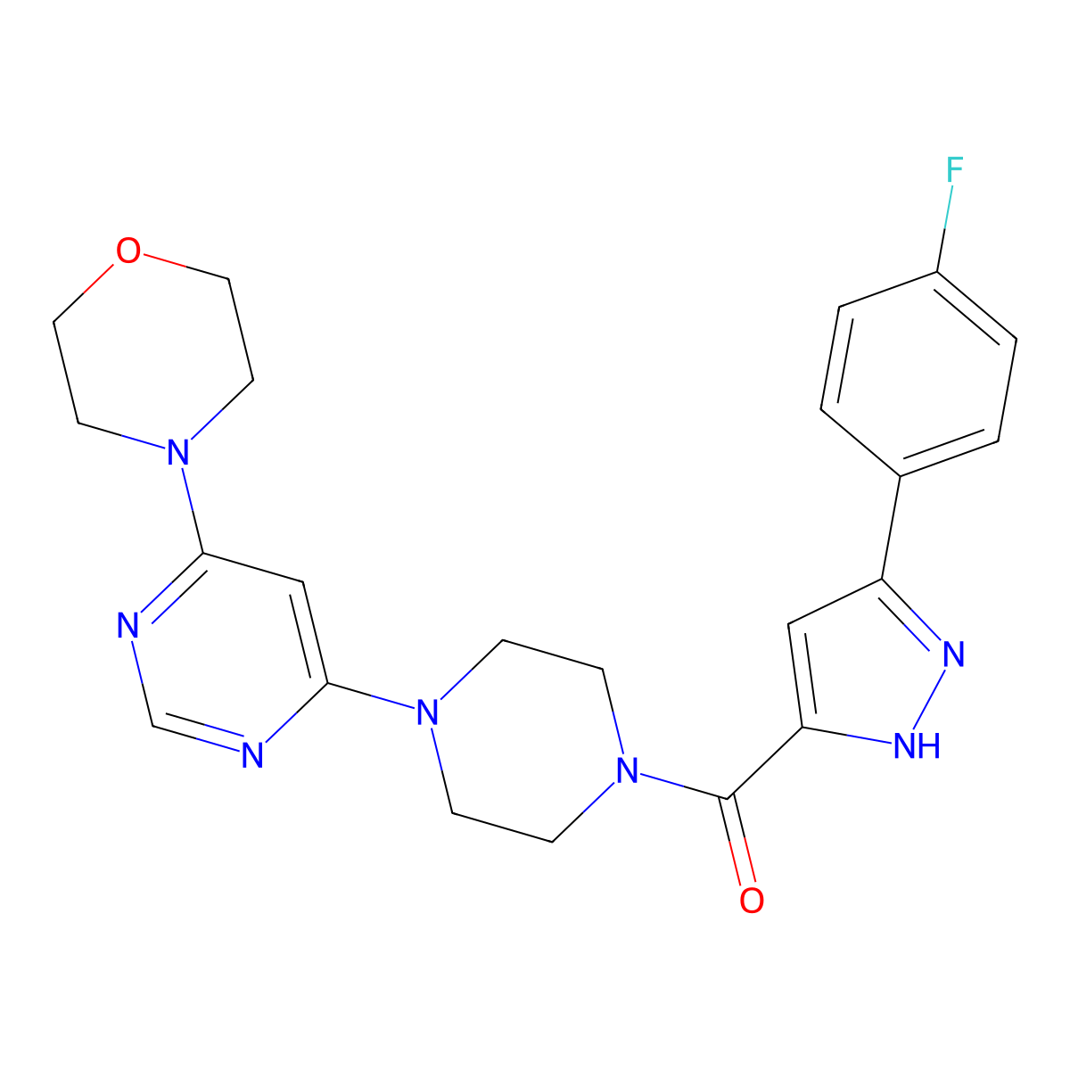 (3-(4-fluorophenyl)-1H-pyrazol-5-yl)(4-(6-morpholinopyrimidin-4-yl)piperazin-1-yl)methanone molecular structure, CAS 1239692-75-1