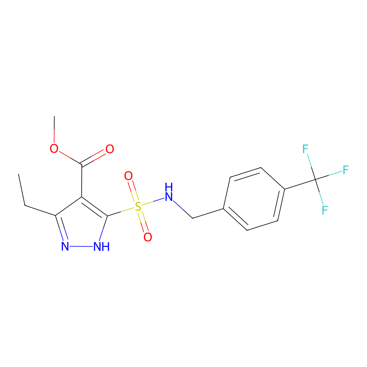 methyl 3-ethyl-5-(N-(4-(trifluoromethyl)benzyl)sulfamoyl)-1H-pyrazole-4-carboxylate molecular structure, CAS 1239693-14-1