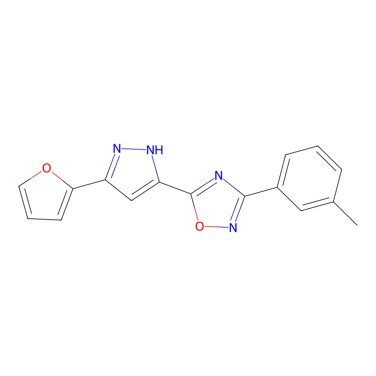 5-[3-(furan-2-yl)-1H-pyrazol-5-yl]-3-(3-methylphenyl)-1,2,4-oxadiazole molecular structure, CAS 1239693-27-6