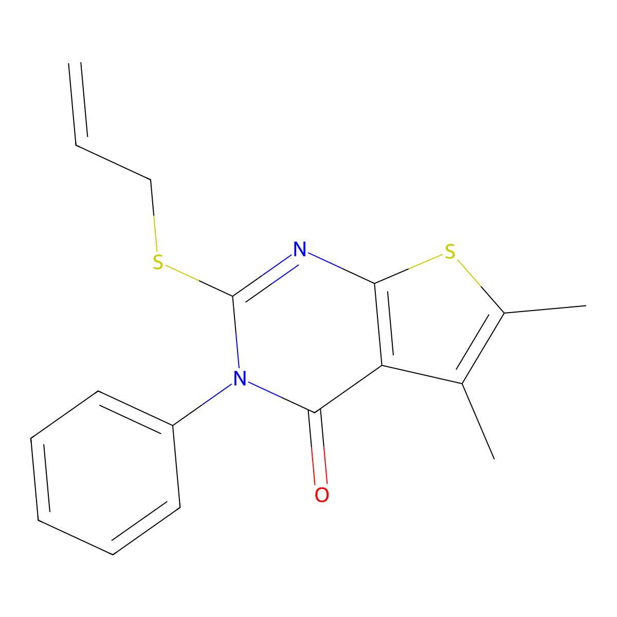 5,6-dimethyl-3-phenyl-2-(prop-2-en-1-ylsulfanyl)thieno[2,3-d]pyrimidin-4(3H)-one molecular structure, CAS 123971-79-9