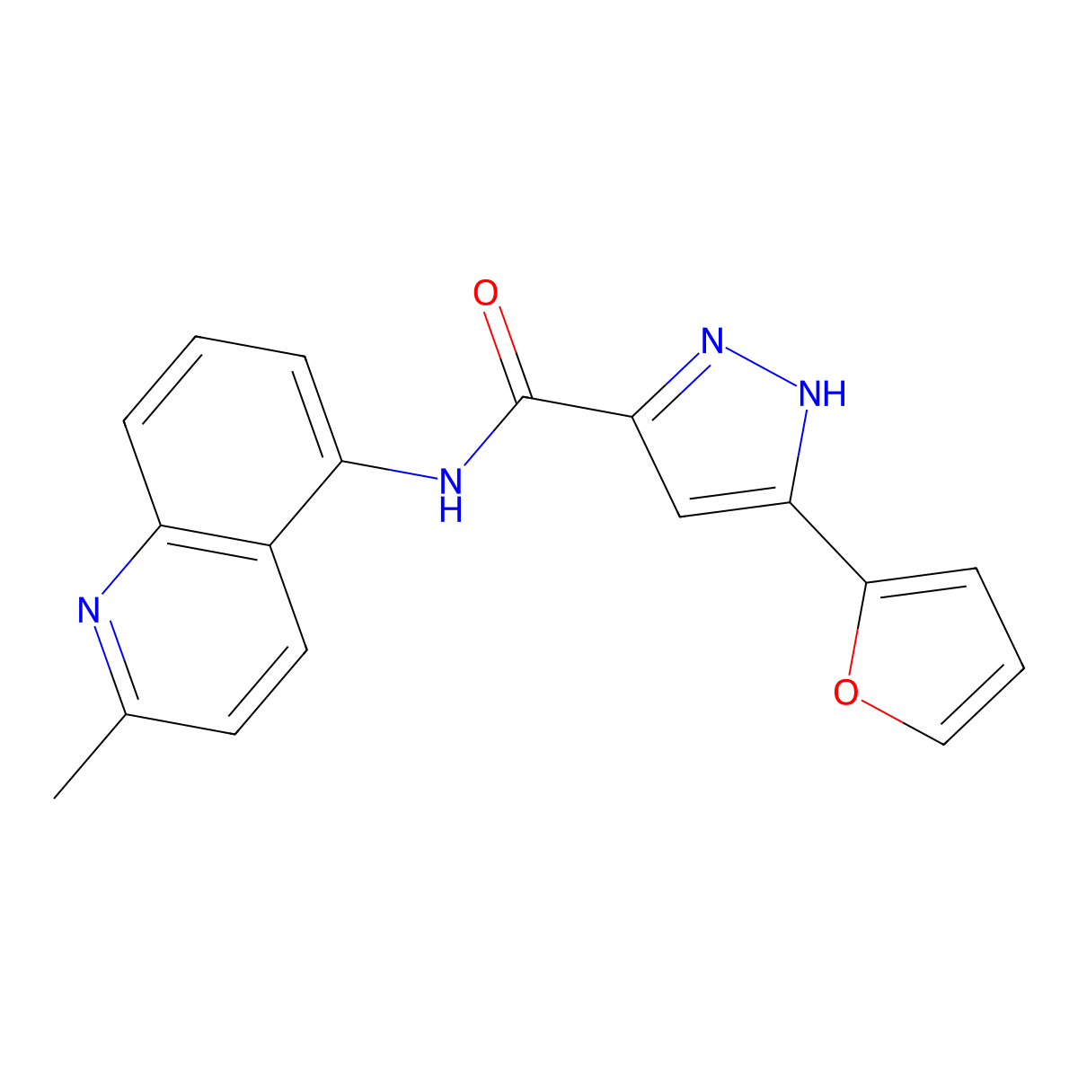 3-(furan-2-yl)-N-(2-methylquinolin-5-yl)-1H-pyrazole-5-carboxamide molecular structure, CAS 1239714-80-7