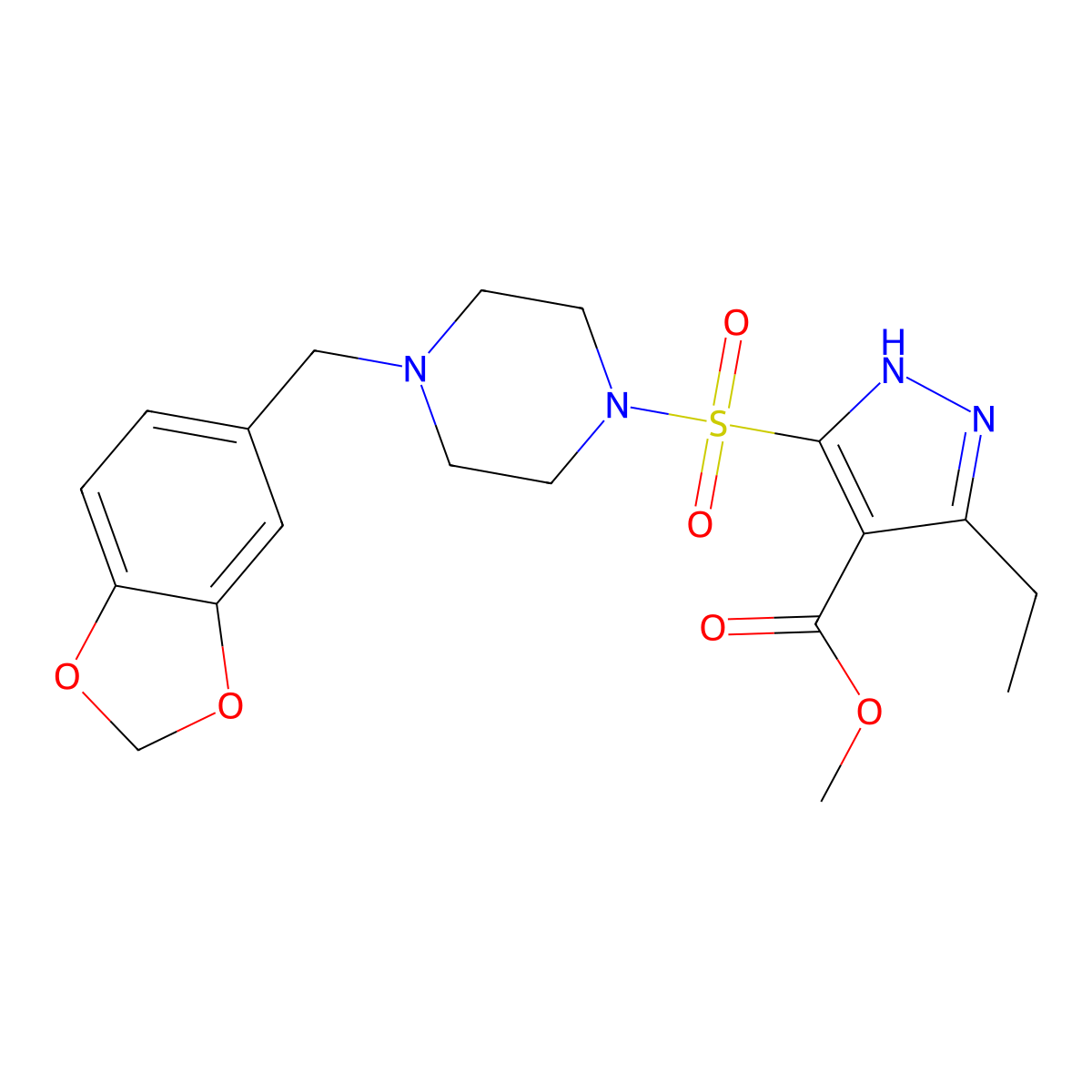 methyl 5-((4-(benzo[d][1,3]dioxol-5-ylmethyl)piperazin-1-yl)sulfonyl)-3-ethyl-1H-pyrazole-4-carboxylate molecular structure, CAS 1239717-07-7
