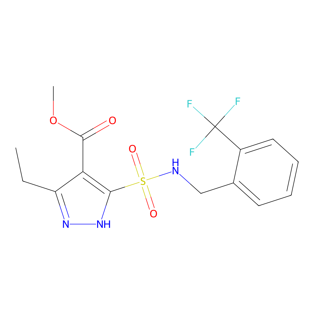 methyl 3-ethyl-5-(N-(2-(trifluoromethyl)benzyl)sulfamoyl)-1H-pyrazole-4-carboxylate molecular structure, CAS 1239728-95-0