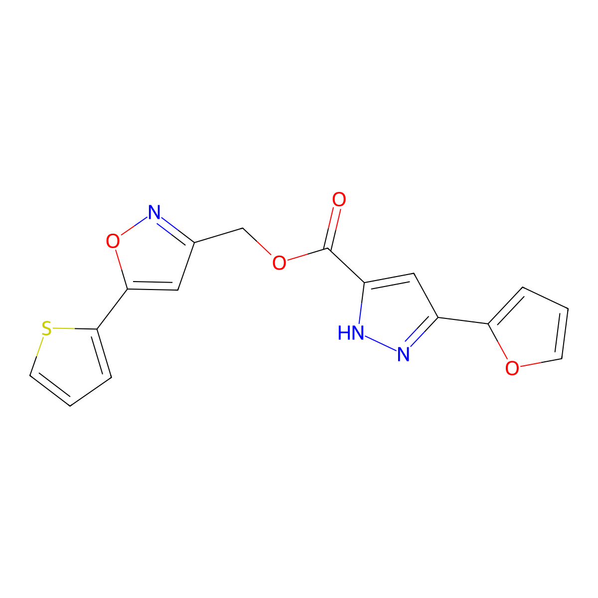 (5-(thiophen-2-yl)isoxazol-3-yl)methyl 3-(furan-2-yl)-1H-pyrazole-5-carboxylate molecular structure, CAS 1239733-01-7