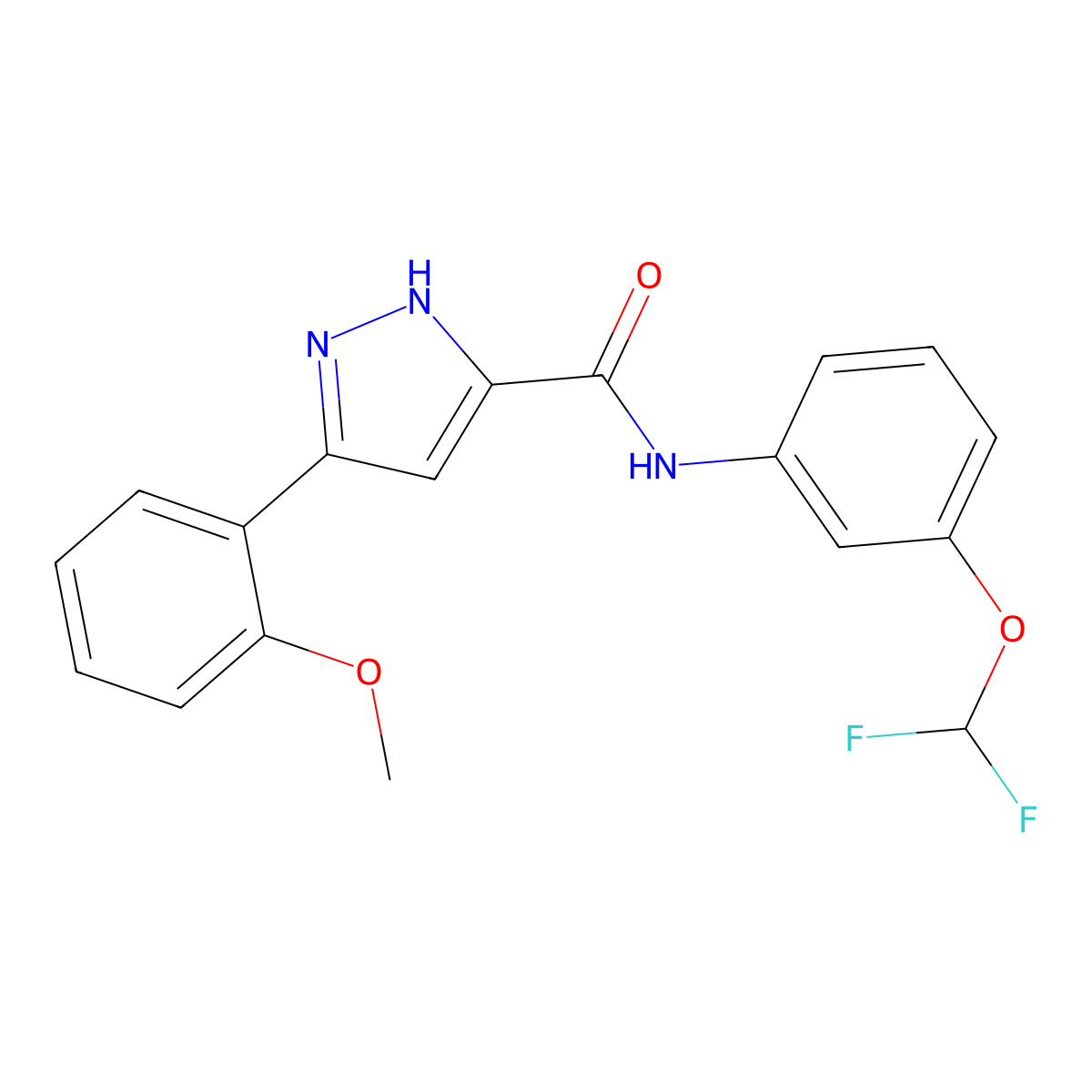 N-(3-(difluoromethoxy)phenyl)-5-(2-methoxyphenyl)-1H-pyrazole-3-carboxamide molecular structure, CAS 1239733-80-2