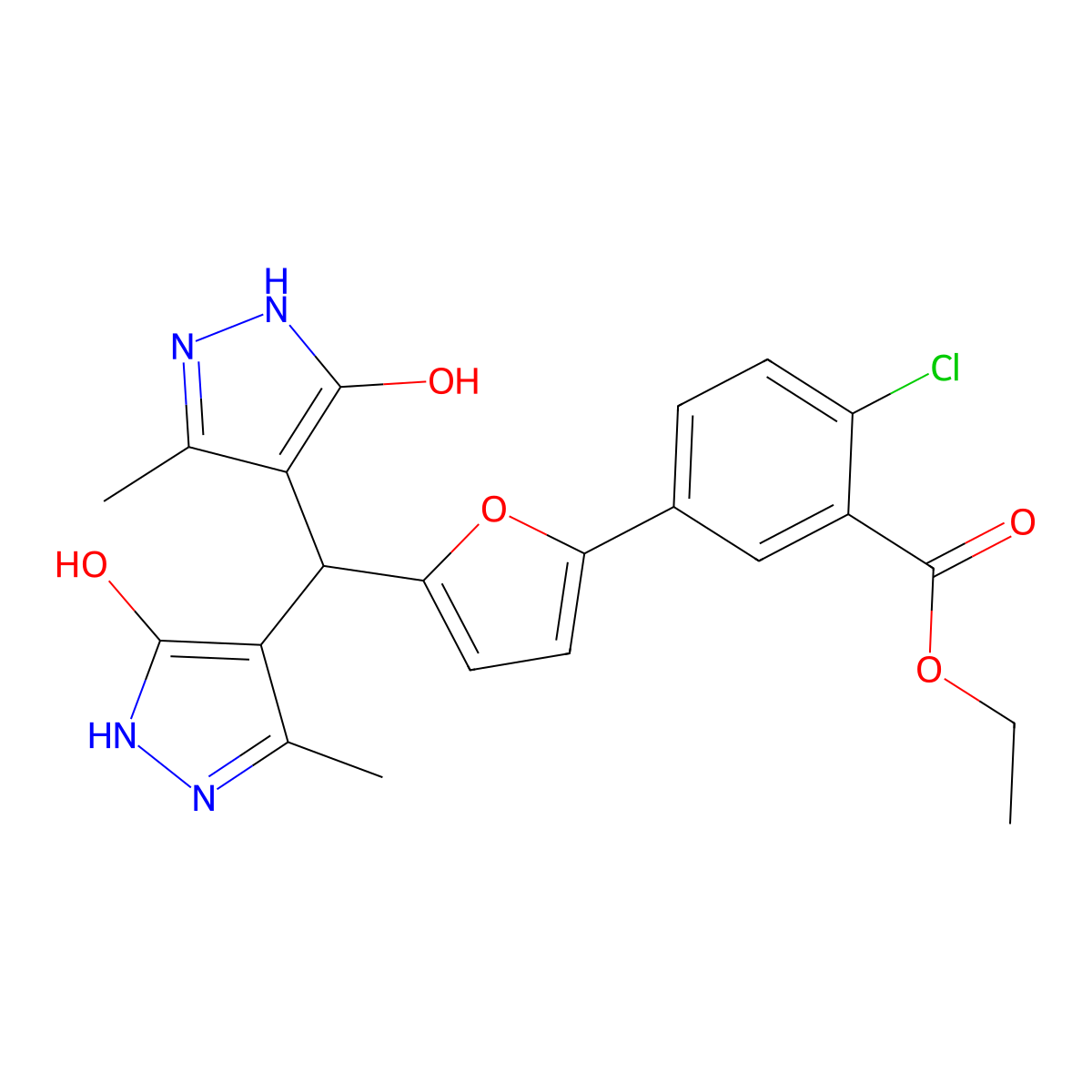 ethyl 5-{5-[bis(5-hydroxy-3-methyl-1H-pyrazol-4-yl)methyl]furan-2-yl}-2-chlorobenzoate molecular structure, CAS 1239735-34-2