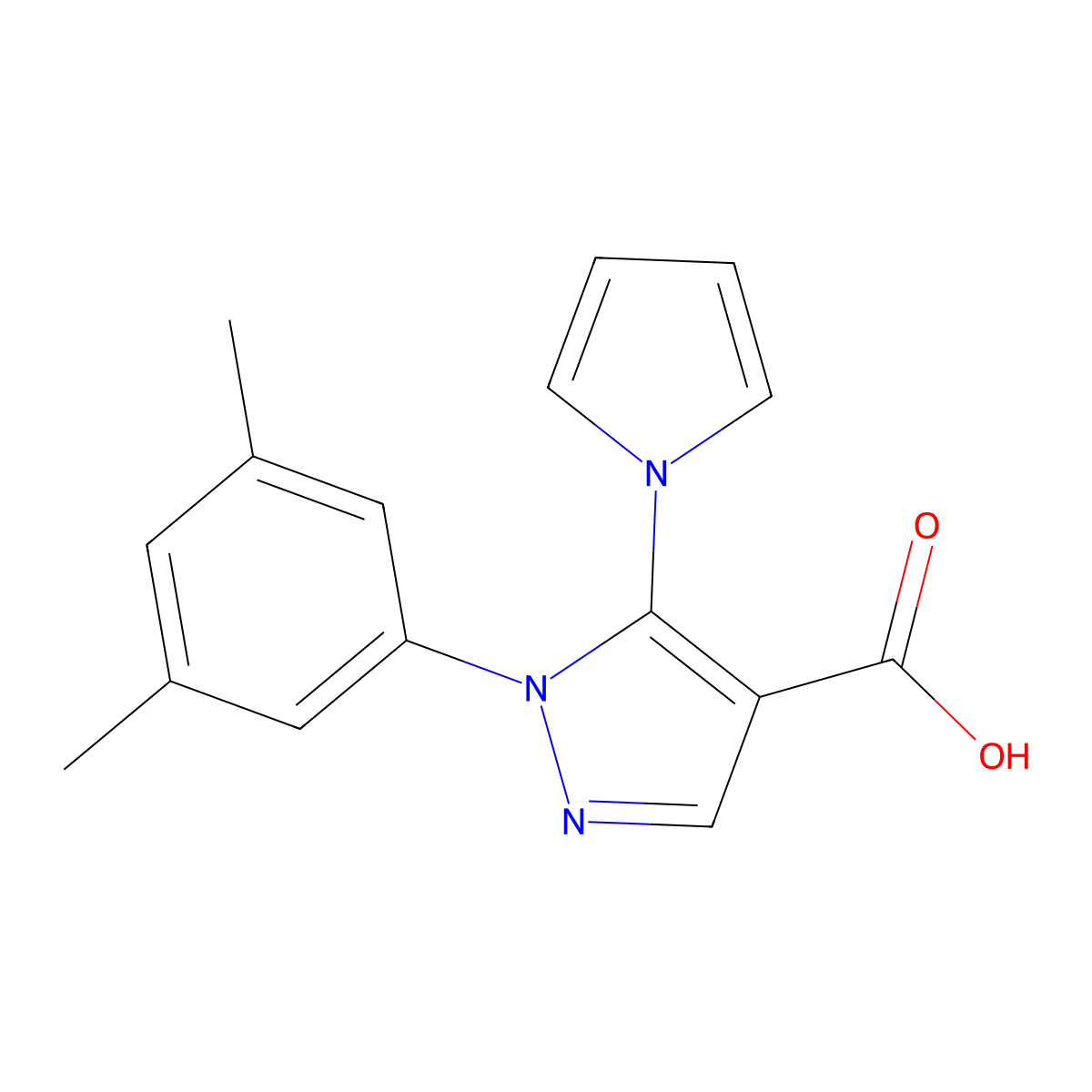 1-(3,5-dimethylphenyl)-5-(1H-pyrrol-1-yl)-1H-pyrazole-4-carboxylic acid molecular structure, CAS 1239752-41-0