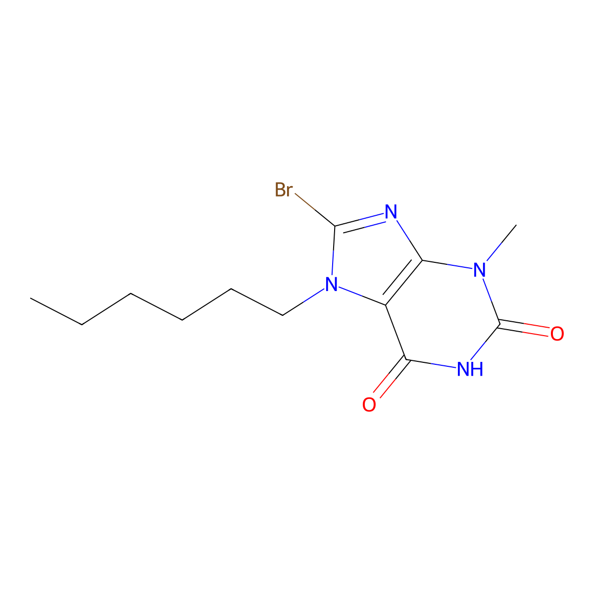 8-Bromo-7-hexyl-3,7-dihydro-3-methyl-1H-purine-2,6-dione molecular structure, CAS 123980-55-2