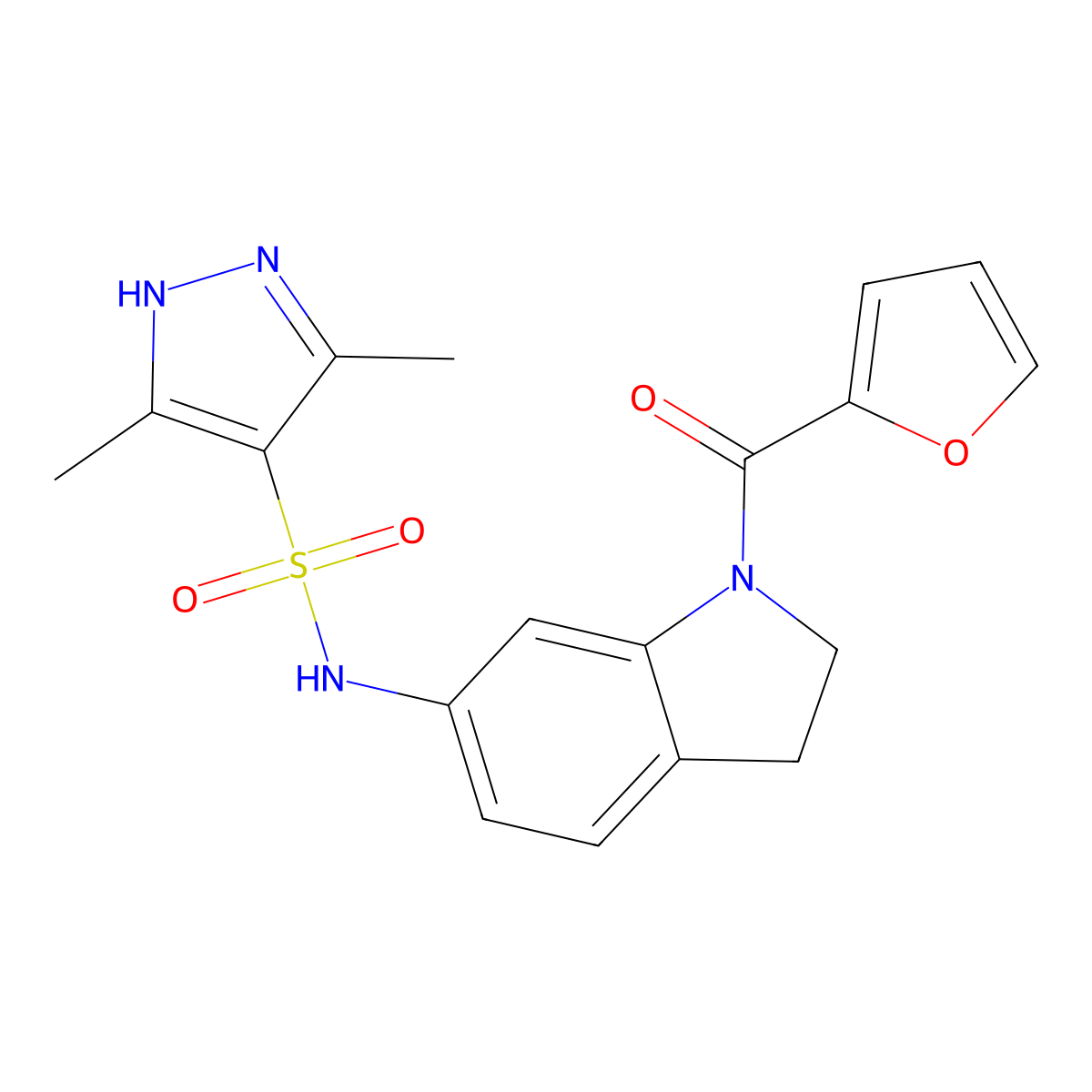 N-(1-(furan-2-carbonyl)indolin-6-yl)-3,5-dimethyl-1H-pyrazole-4-sulfonamide molecular structure, CAS 1239866-31-9