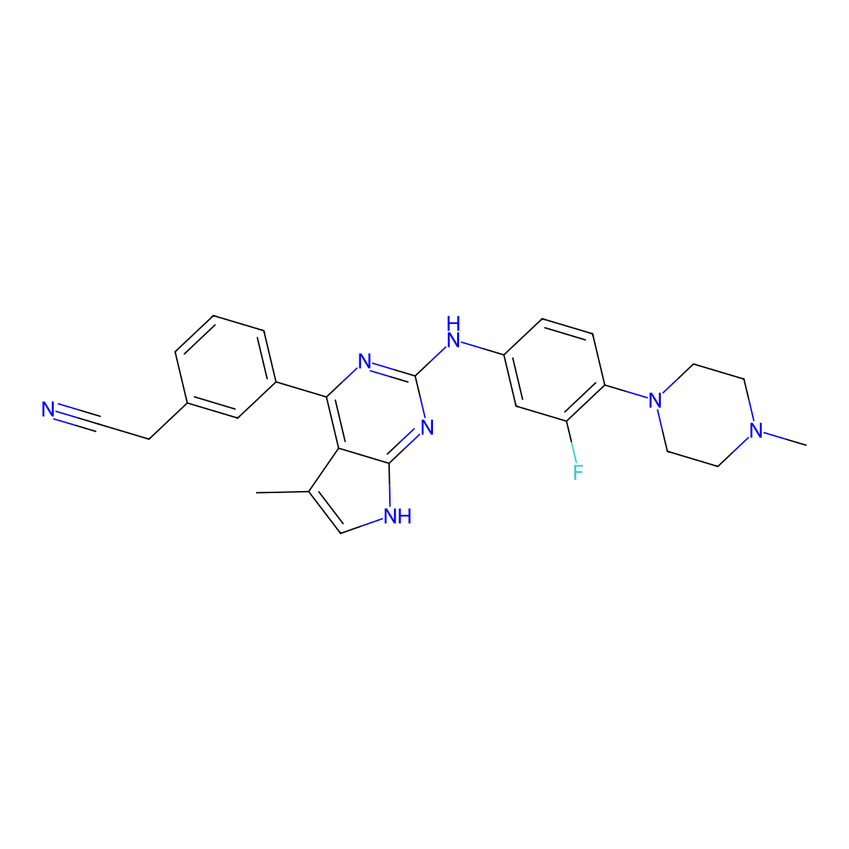 2-(3-(2-((3-Fluoro-4-(4-methylpiperazin-1-yl)phenyl)amino)-5-methyl-7H-pyrrolo[2,3-d]pyrimidin-4-yl)phenyl)acetonitrile molecular structure, CAS 1239875-86-5