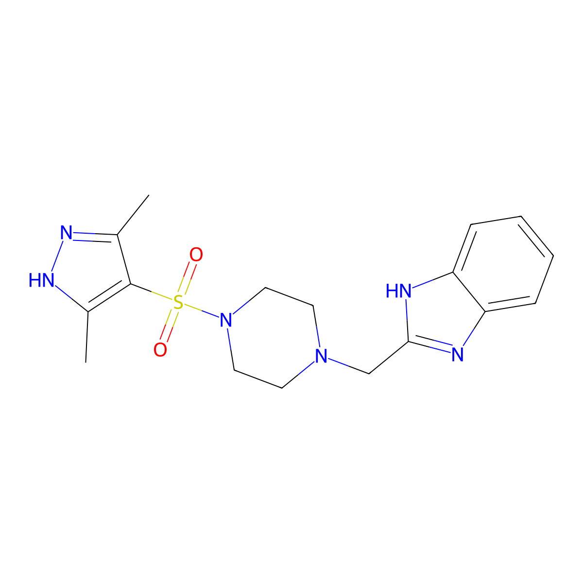 2-((4-((3,5-dimethyl-1H-pyrazol-4-yl)sulfonyl)piperazin-1-yl)methyl)-1H-benzo[d]imidazole molecular structure, CAS 1239990-23-8