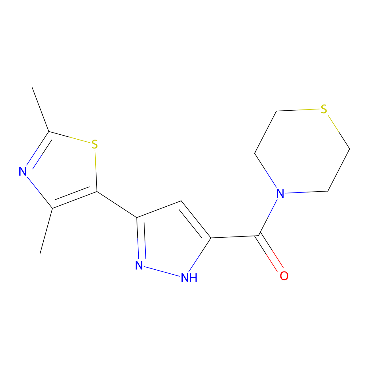 (3-(2,4-dimethylthiazol-5-yl)-1H-pyrazol-5-yl)(thiomorpholino)methanone molecular structure, CAS 1240049-70-0