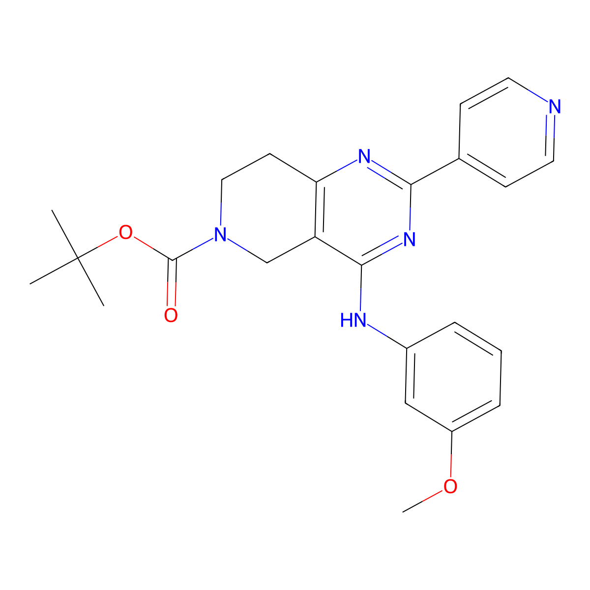 tert-Butyl 4-((3-methoxyphenyl)amino)-2-(pyridin-4-yl)-7,8-dihydropyrido[4,3-d]pyrimidine-6(5H)-carboxylate molecular structure, CAS 1240090-93-0
