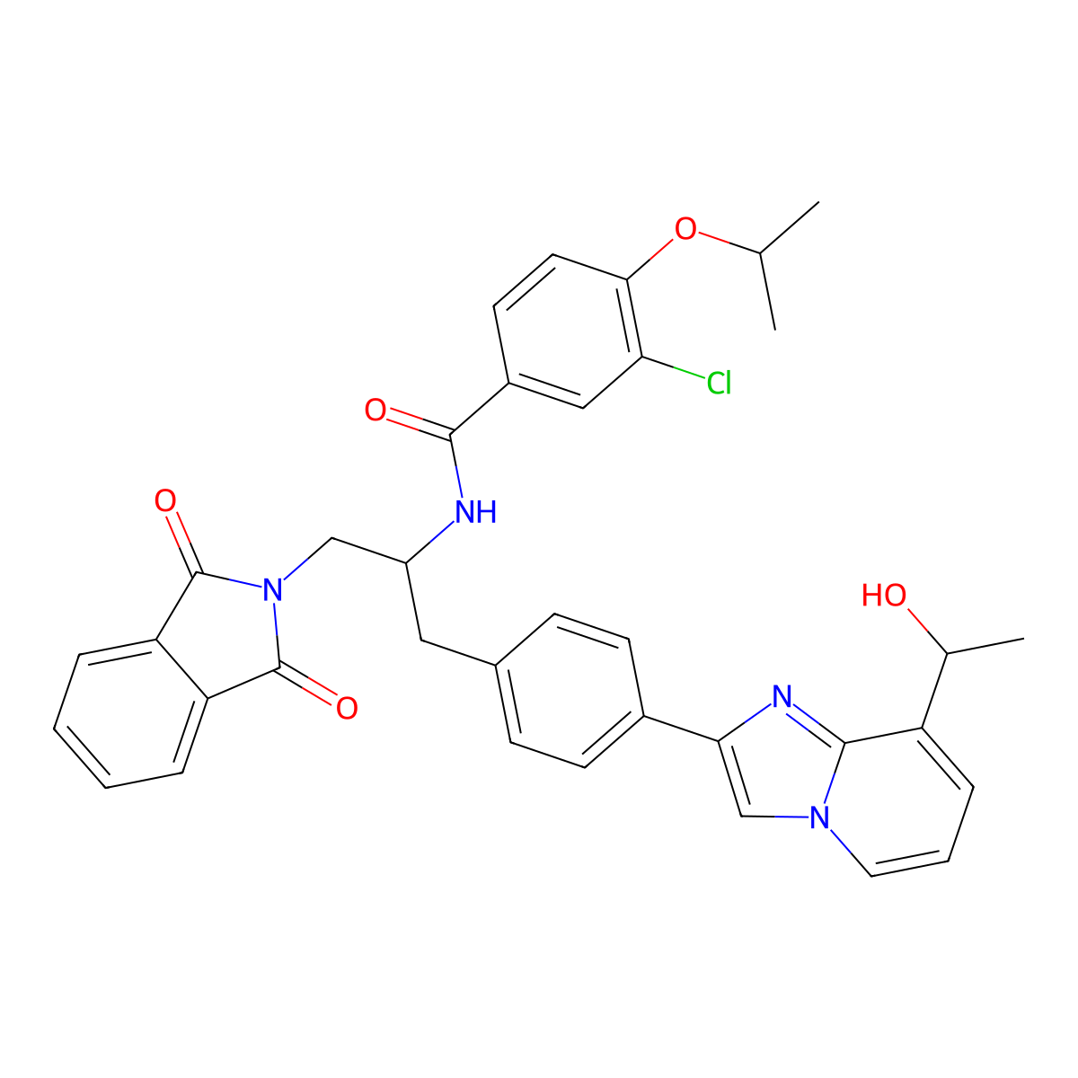 3-chloro-N-((S)-1-(1,3-dioxoisoindolin-2-yl)-3-(4-(8-((S)-1-hydroxyethyl)imidazo[1,2-a]pyridin-2-yl)phenyl)propan-2-yl)-4-isopropoxybenzaMide molecular structure, CAS 1240137-67-0