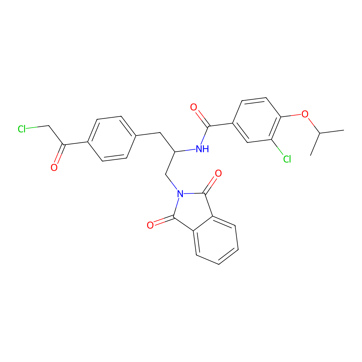 Benzamide, 3-chloro-N-[(1S)-1-[[4-(2-chloroacetyl)phenyl]methyl]-2-(1,3-dihydro-1,3-dioxo-2H-isoindol-2-yl)ethyl]-4-(1-methylethoxy)- molecular structure, CAS 1240137-81-8