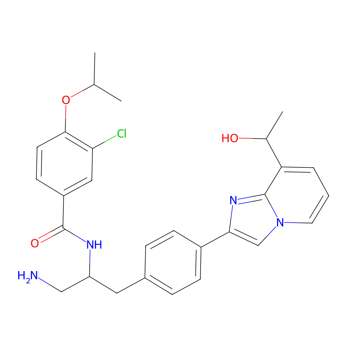 N-((S)-1-Amino-3-(4-(8-((S)-1-hydroxyethyl)imidazo[1,2-a]pyridin-2-yl)phenyl)propan-2-yl)-3-chloro-4-isopropoxybenzamide molecular structure, CAS 1240137-87-4