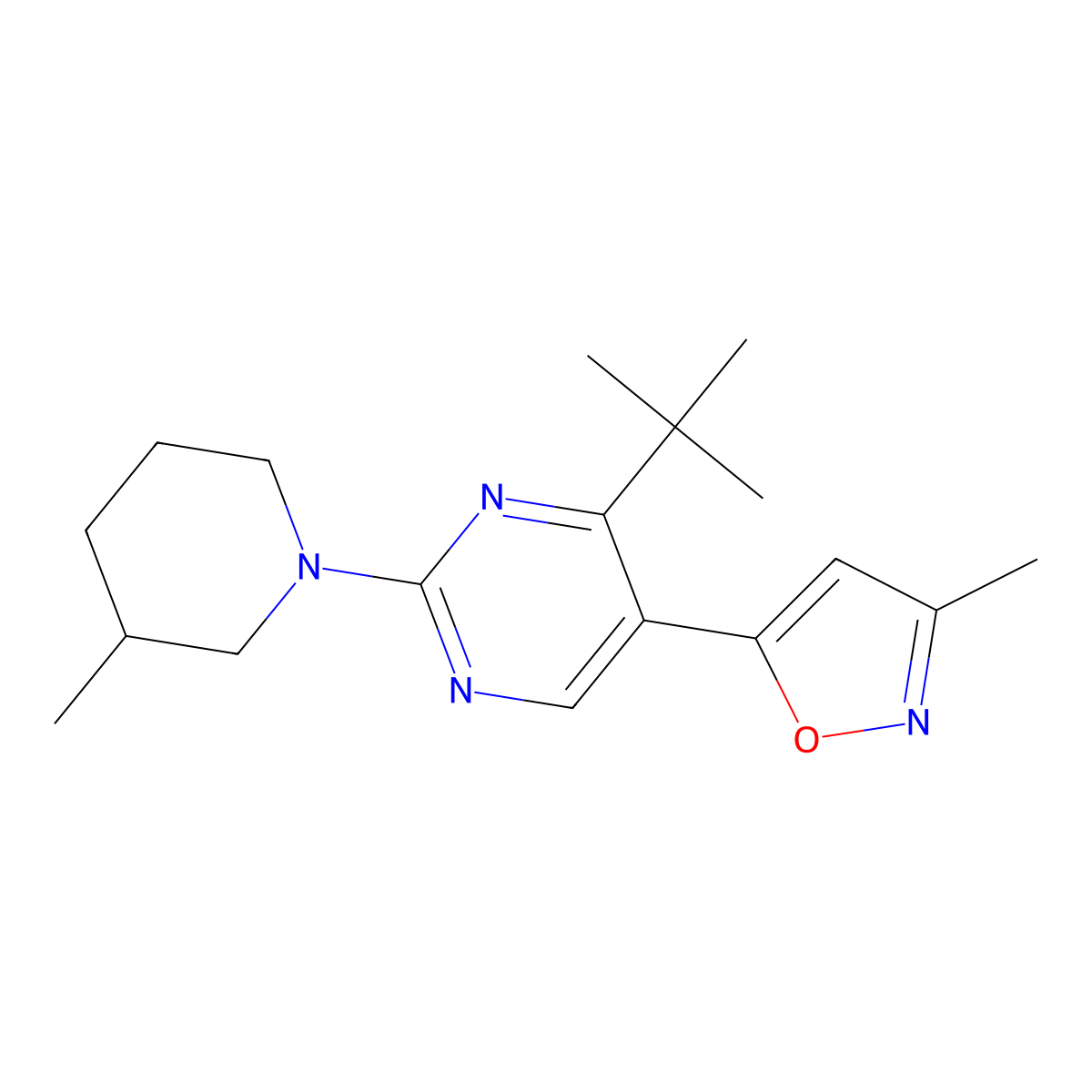4-Tert-butyl-5-(3-methyl-1,2-oxazol-5-YL)-2-(3-methylpiperidin-1-YL)pyrimidine molecular structure, CAS 1240145-67-8